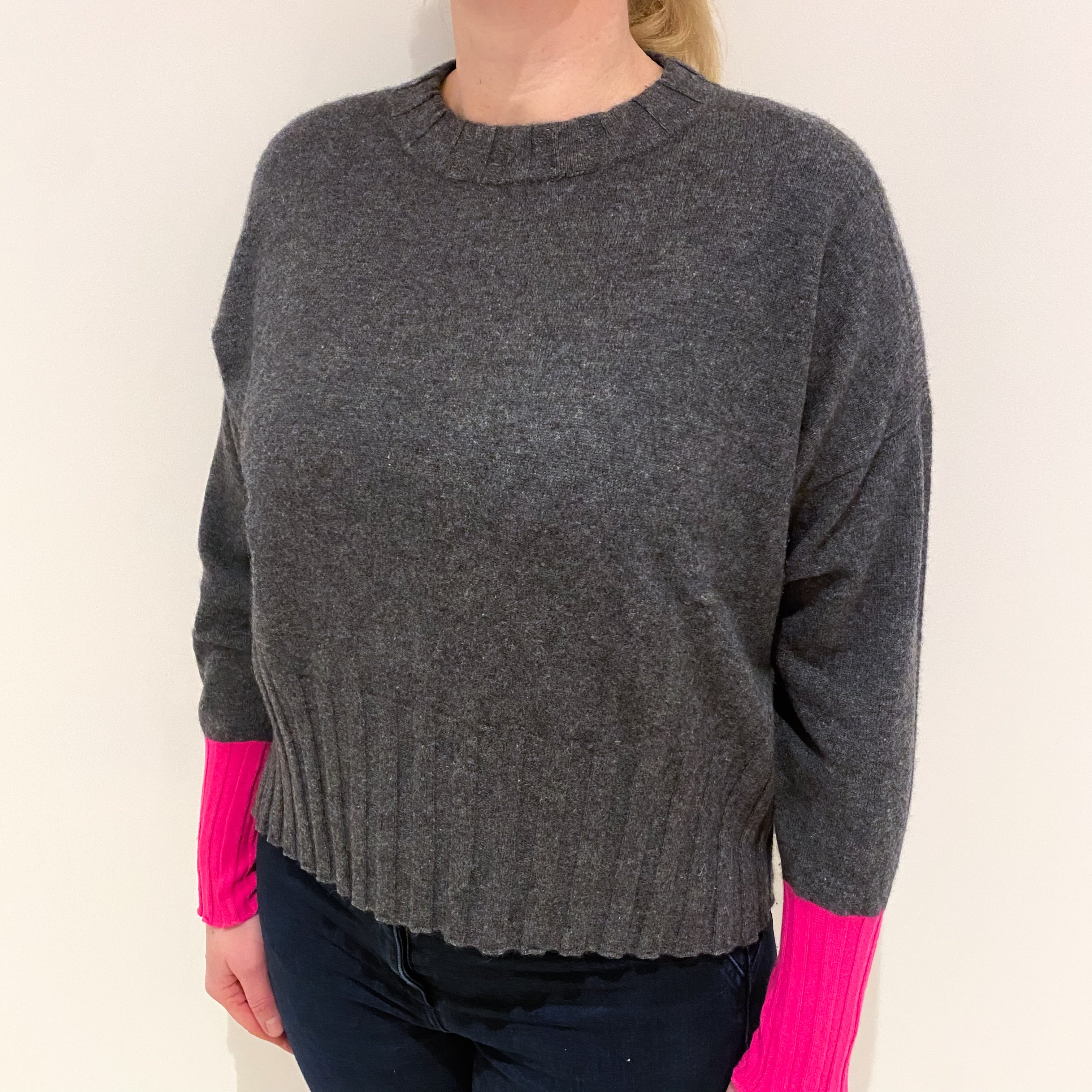 Slate Grey and Hot Pink Cashmere Crew Neck Jumper Large