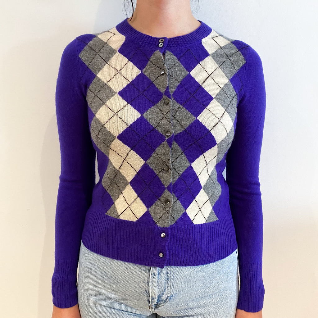 Purple Grey Diamond Cashmere Crew Neck Cardigan Small