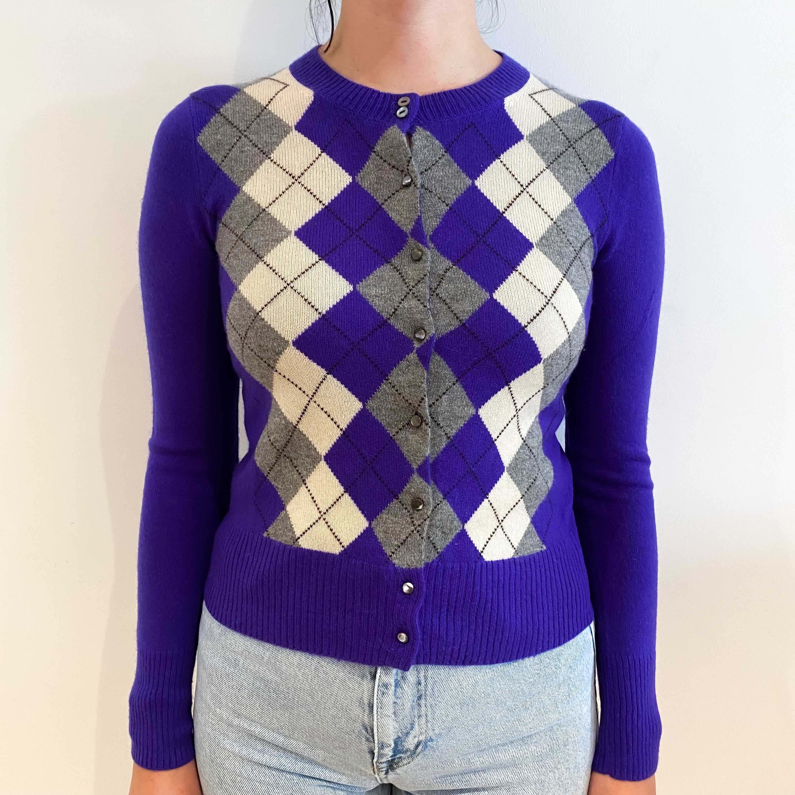 Purple Grey Diamond Cashmere Crew Neck Cardigan Small