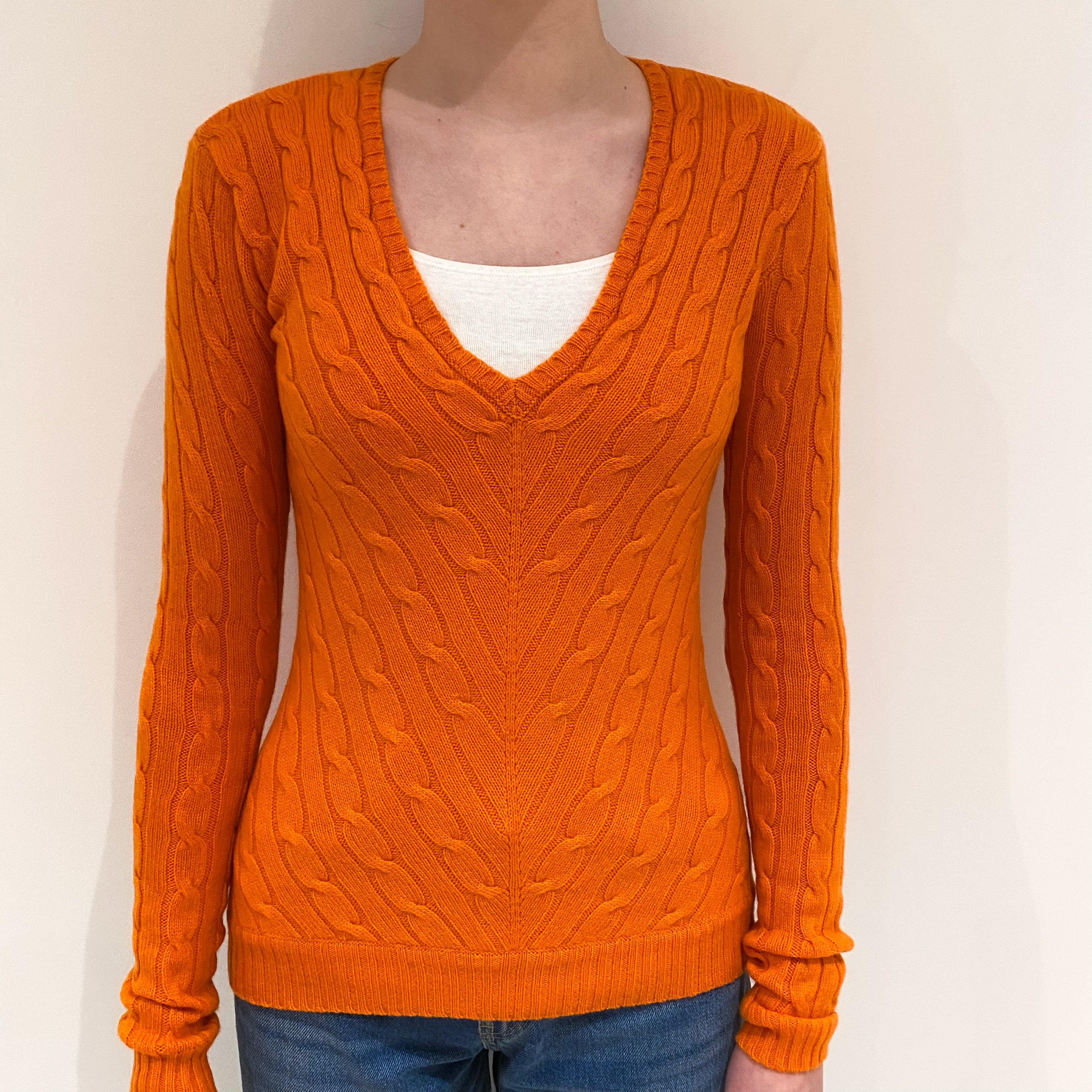 Ralph Lauren Orange Cable Cashmere V Neck Jumper Extra Small