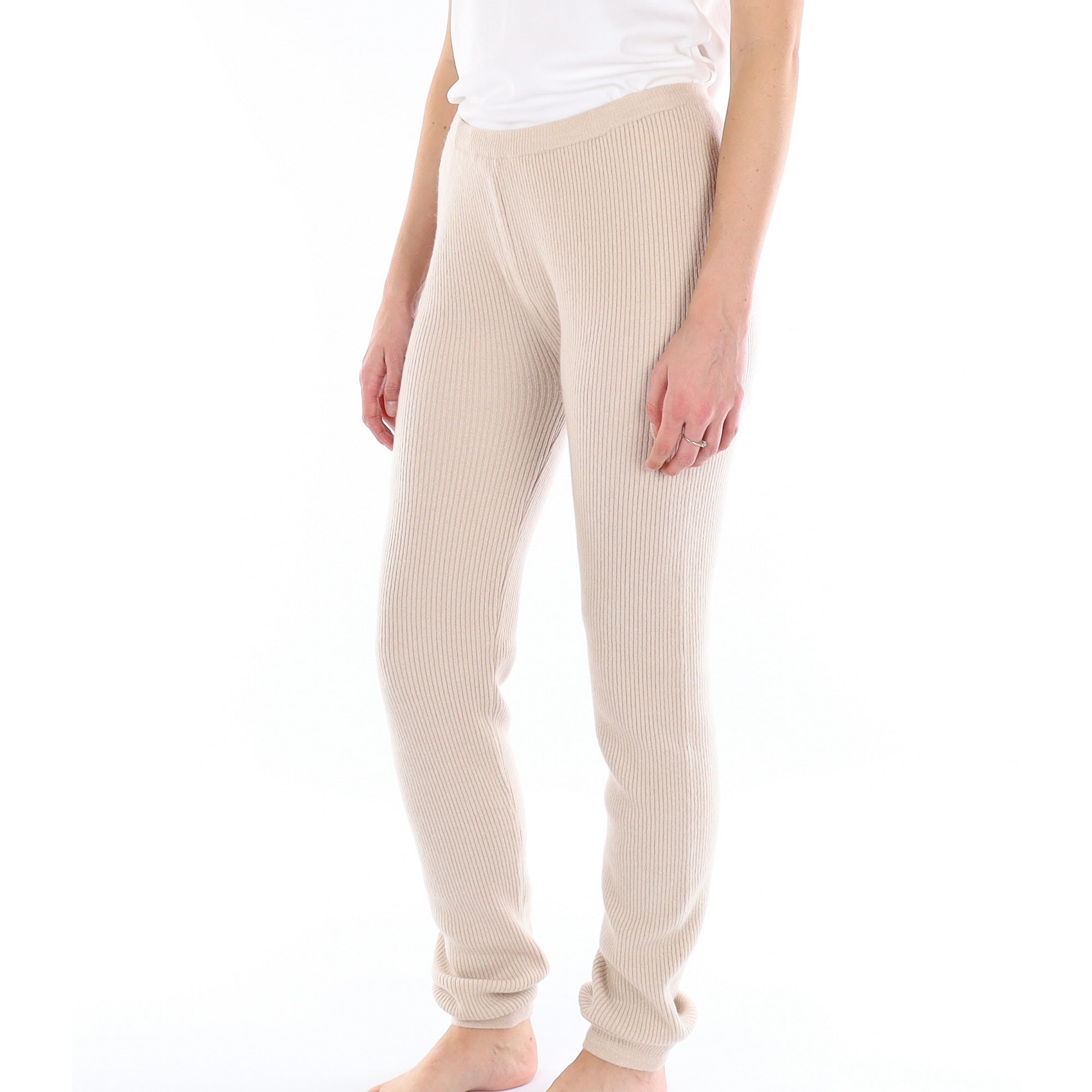 Beige Ribbed Cashmere Lounge Pants Extra Small/Tall