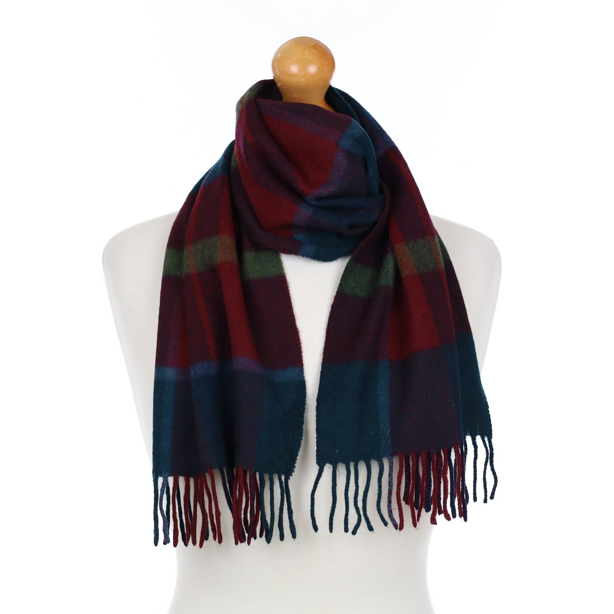 Burgundy and Teal Check Cashmere Fringed Woven Scarf