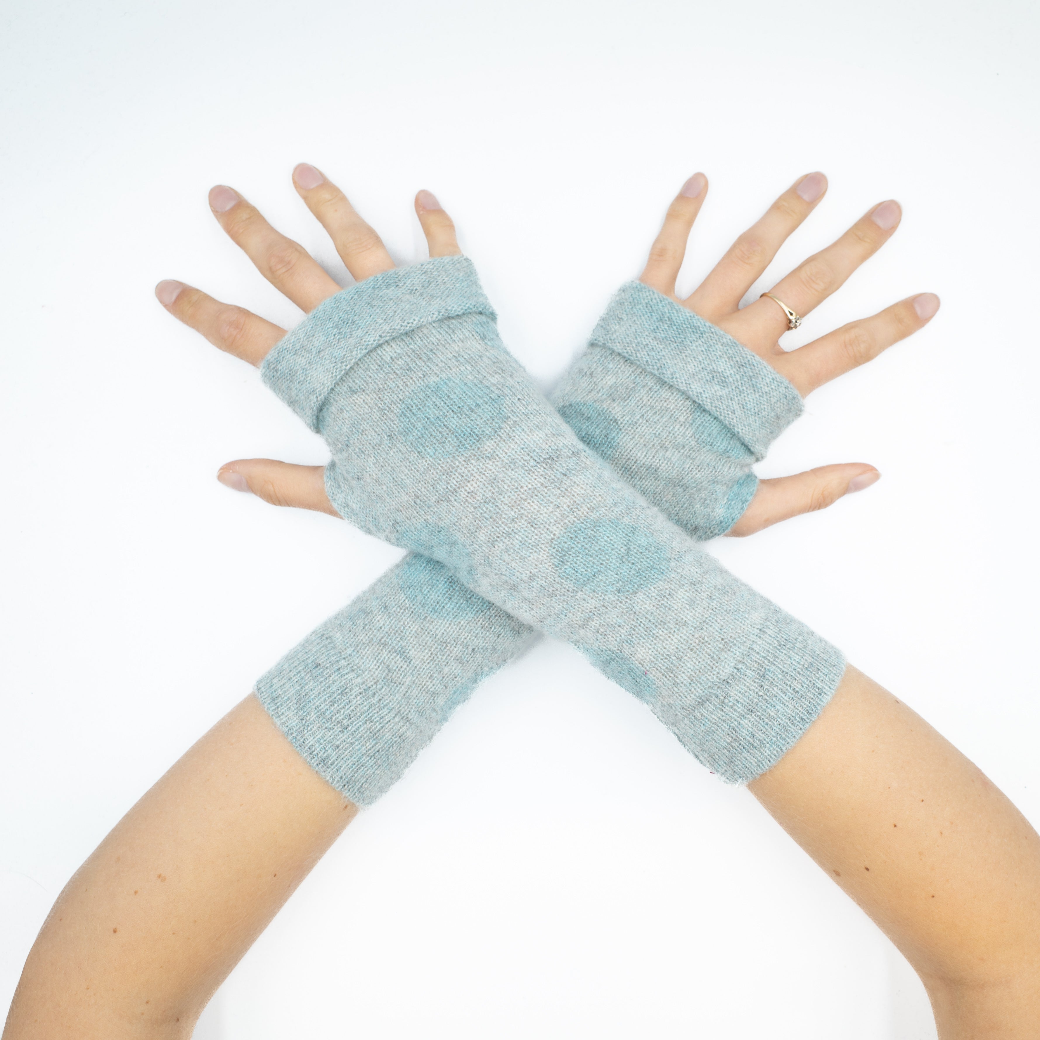 Duck Egg Blue Spotty Patterned Fingerless Gloves