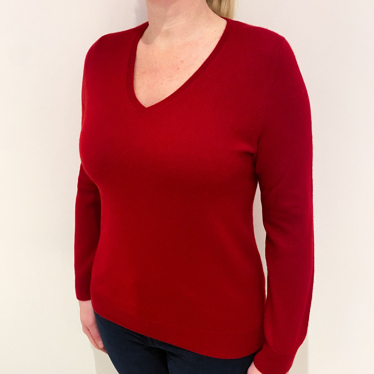 Post Box Red Cashmere V-Neck Jumper Large