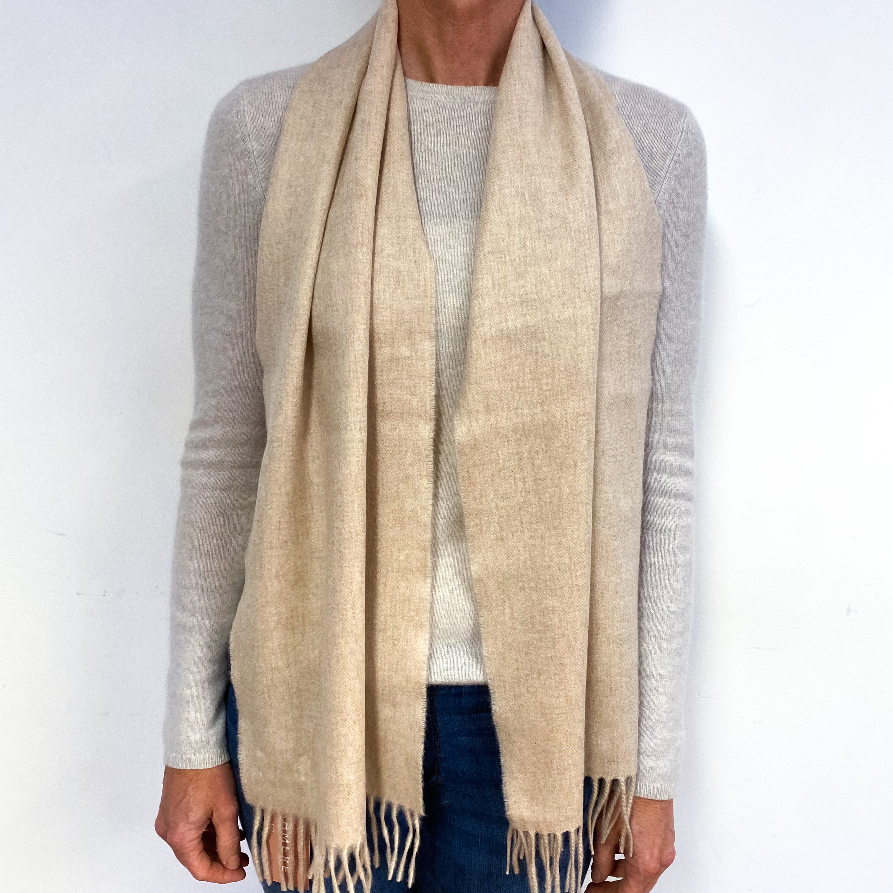 Oatmeal Cashmere Fringed Woven Scarf