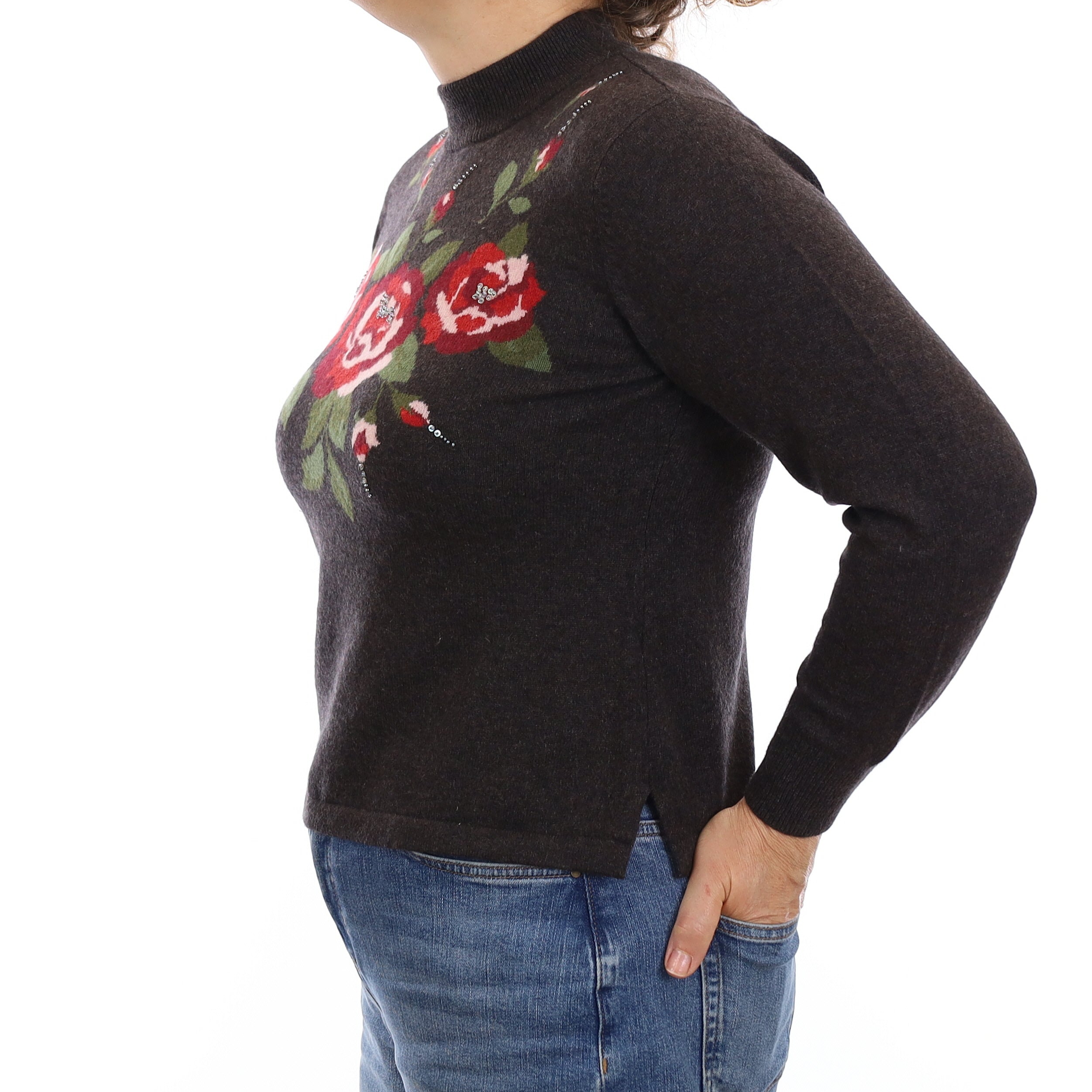 Mole Brown Floral Sequin Cashmere Turtle Neck Jumper Medium