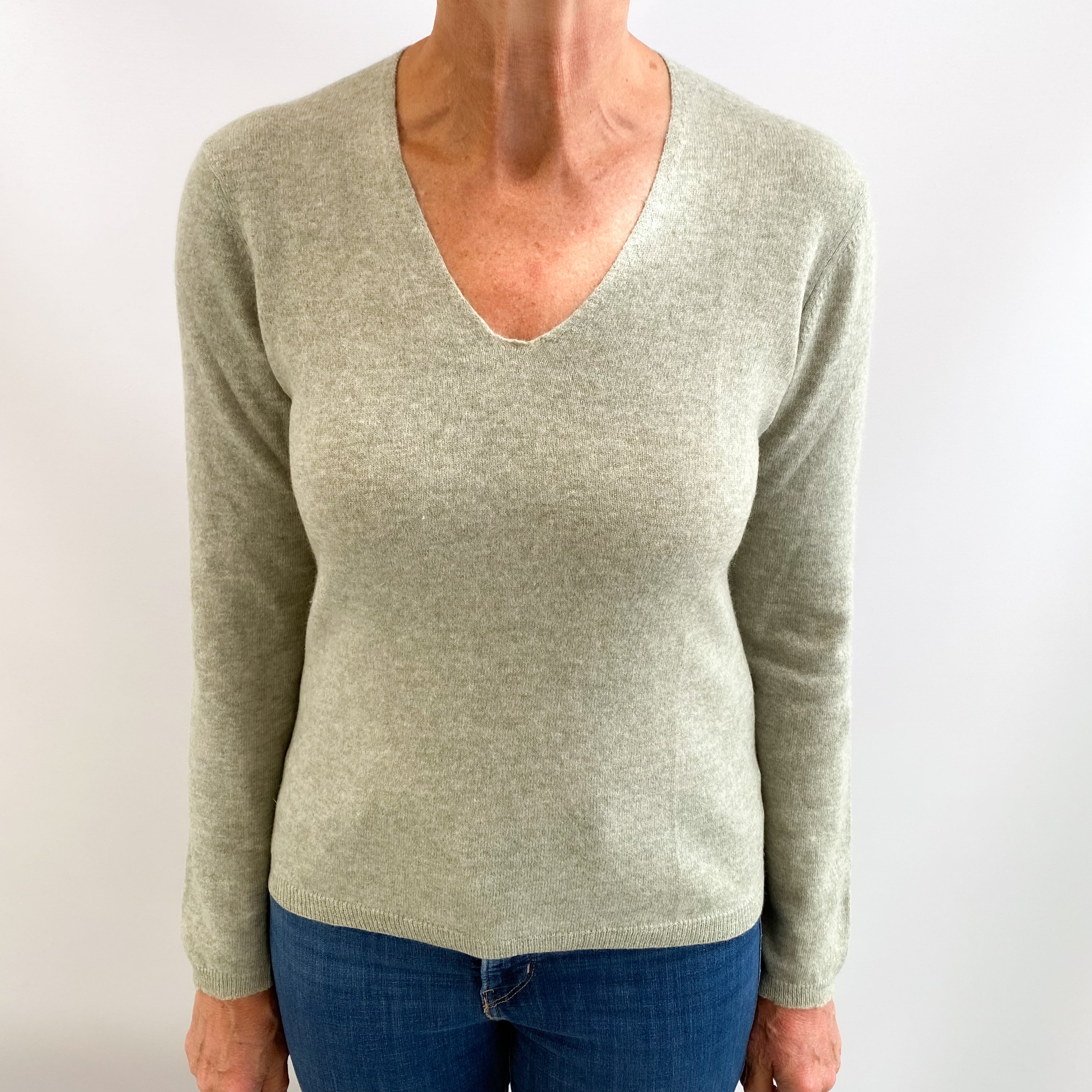 Chicory Green Cashmere V Neck Jumper Medium