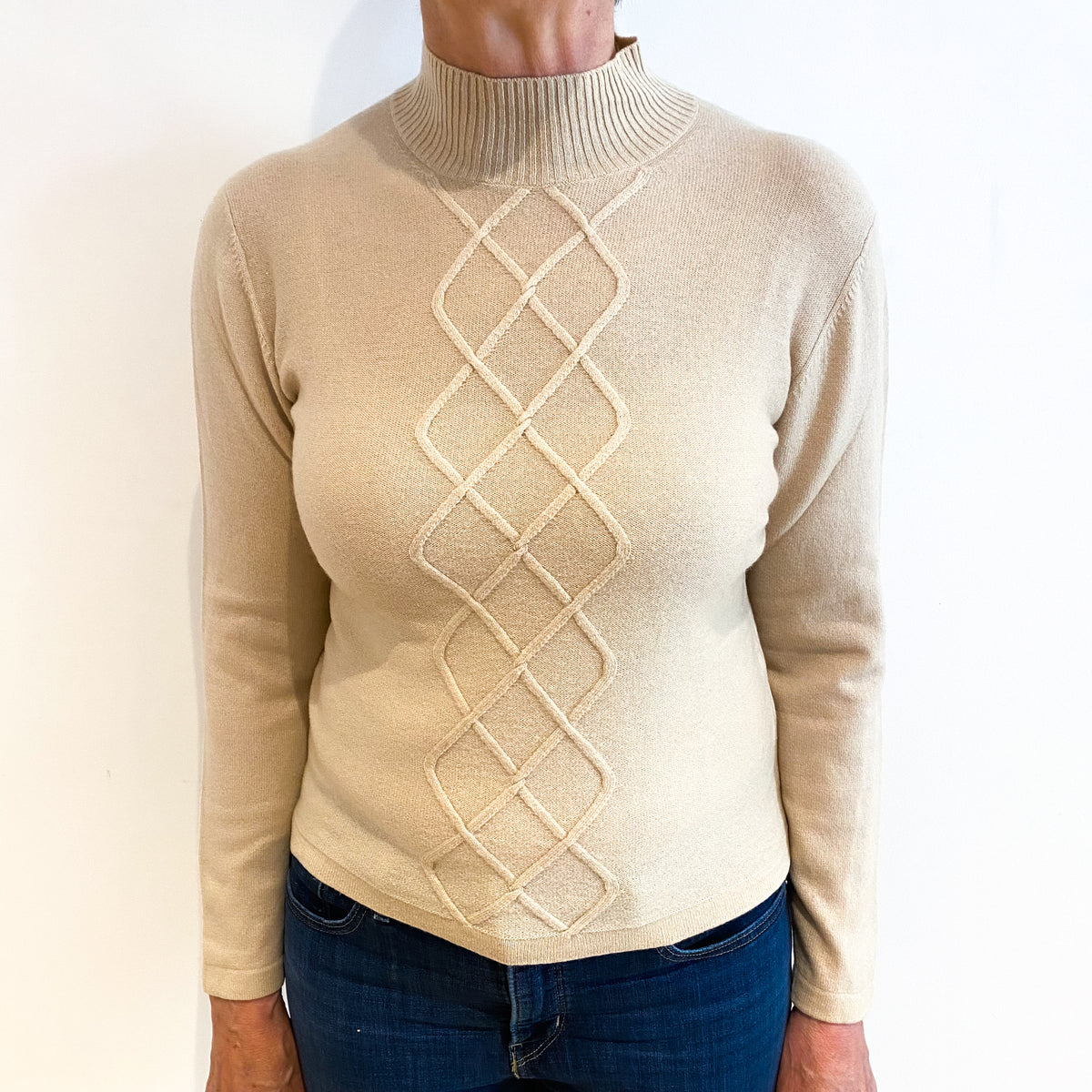 Oatmeal Beige Cashmere Turtle Neck Jumper Medium
