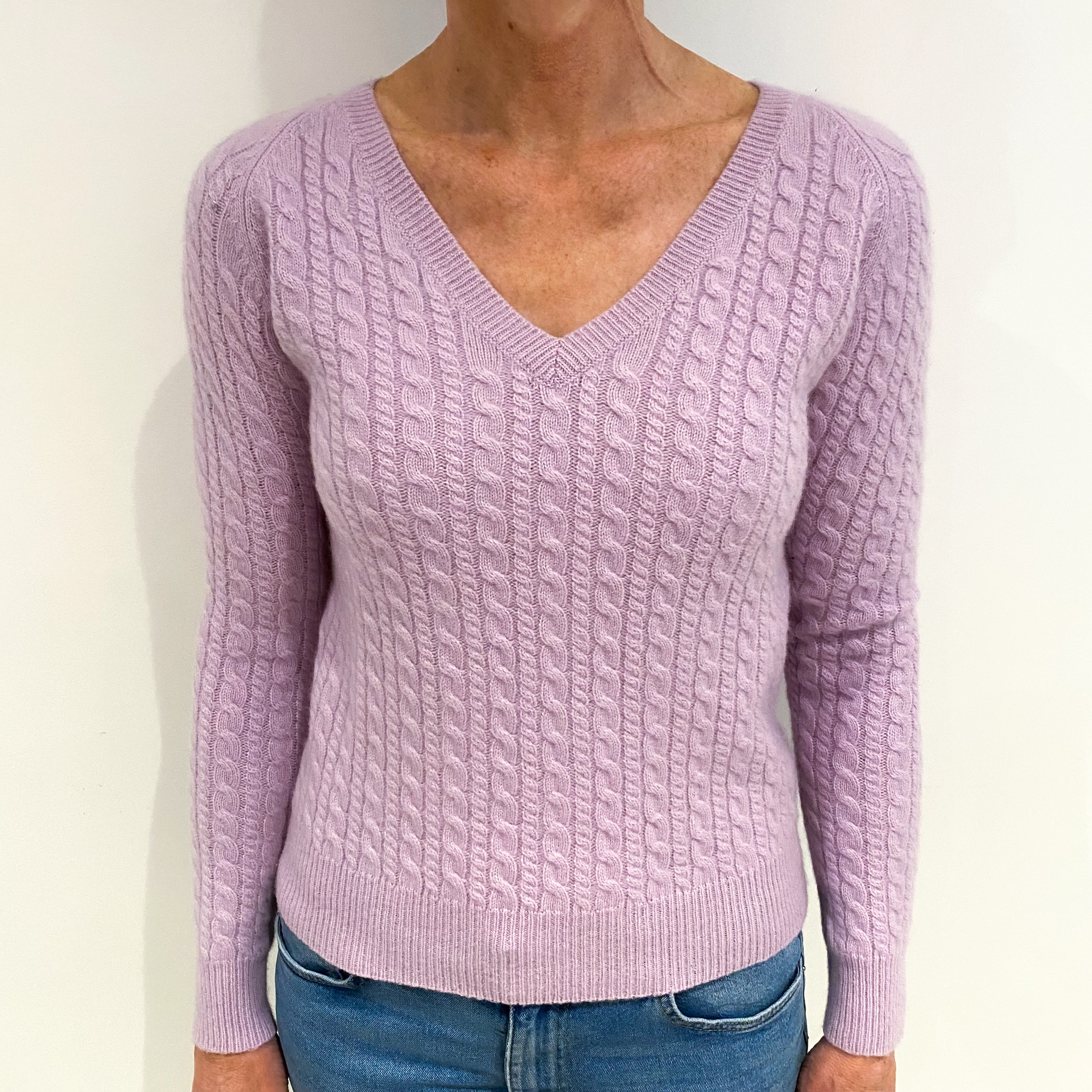 Pale Lilac Purple Cashmere V Neck Jumper Small