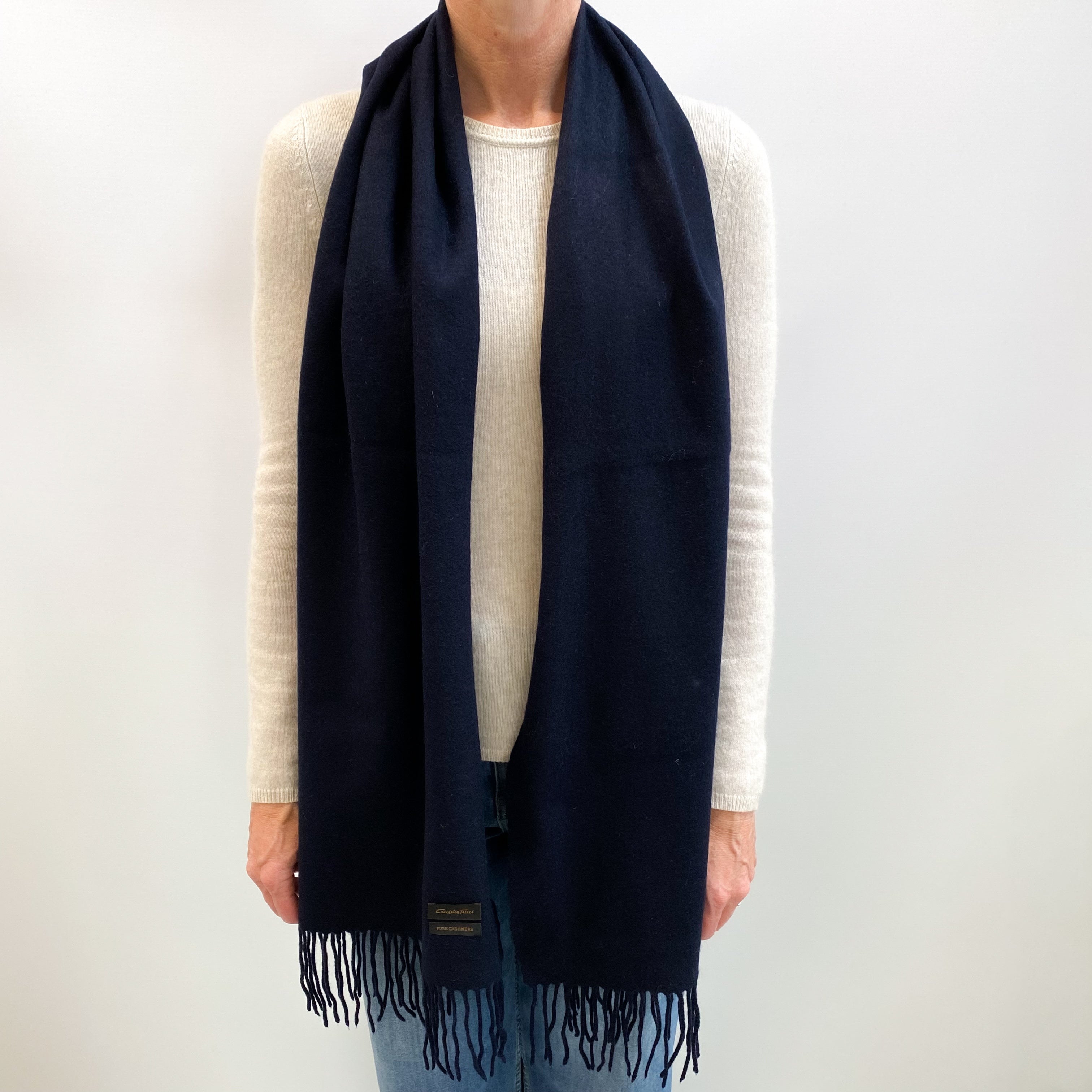 Navy Blue Fringed Cashmere Woven Scarf