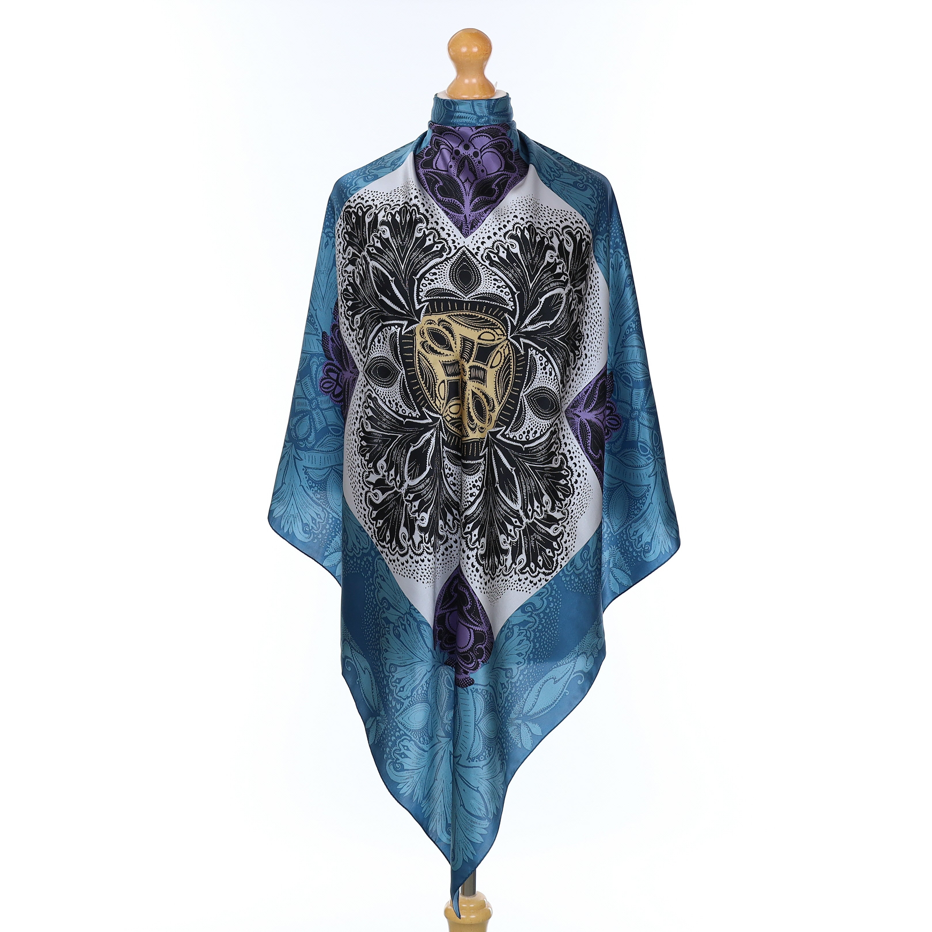 Echo Petrol Blue Abstract Patterned Silk Scarf