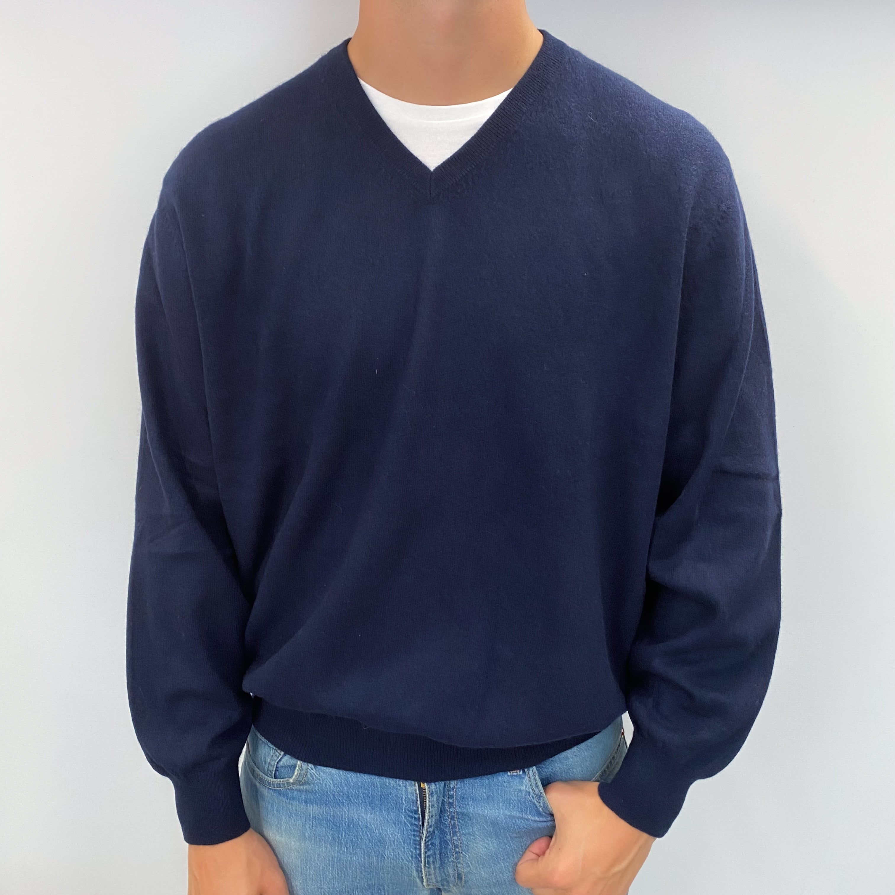 Men's Navy Blue Cashmere V Neck Jumper XXL