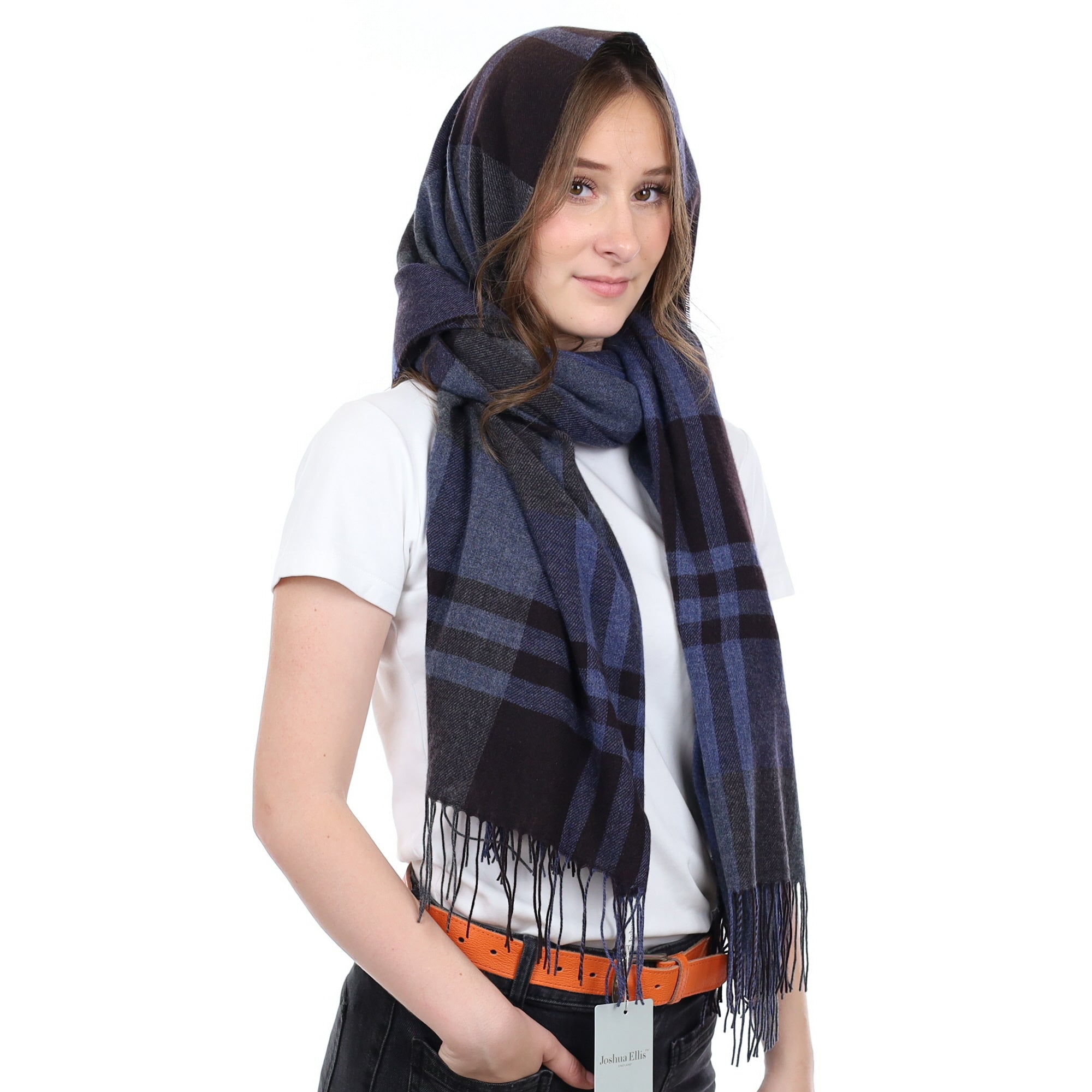 Brand New British Naval Blue Tartan Luxury Woven Cashmere Pashmina