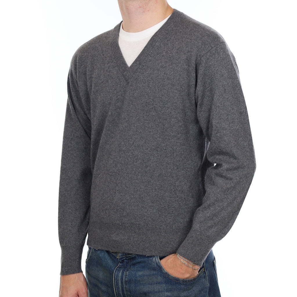 Men’s Granite Grey Cashmere V Neck Jumper Medium