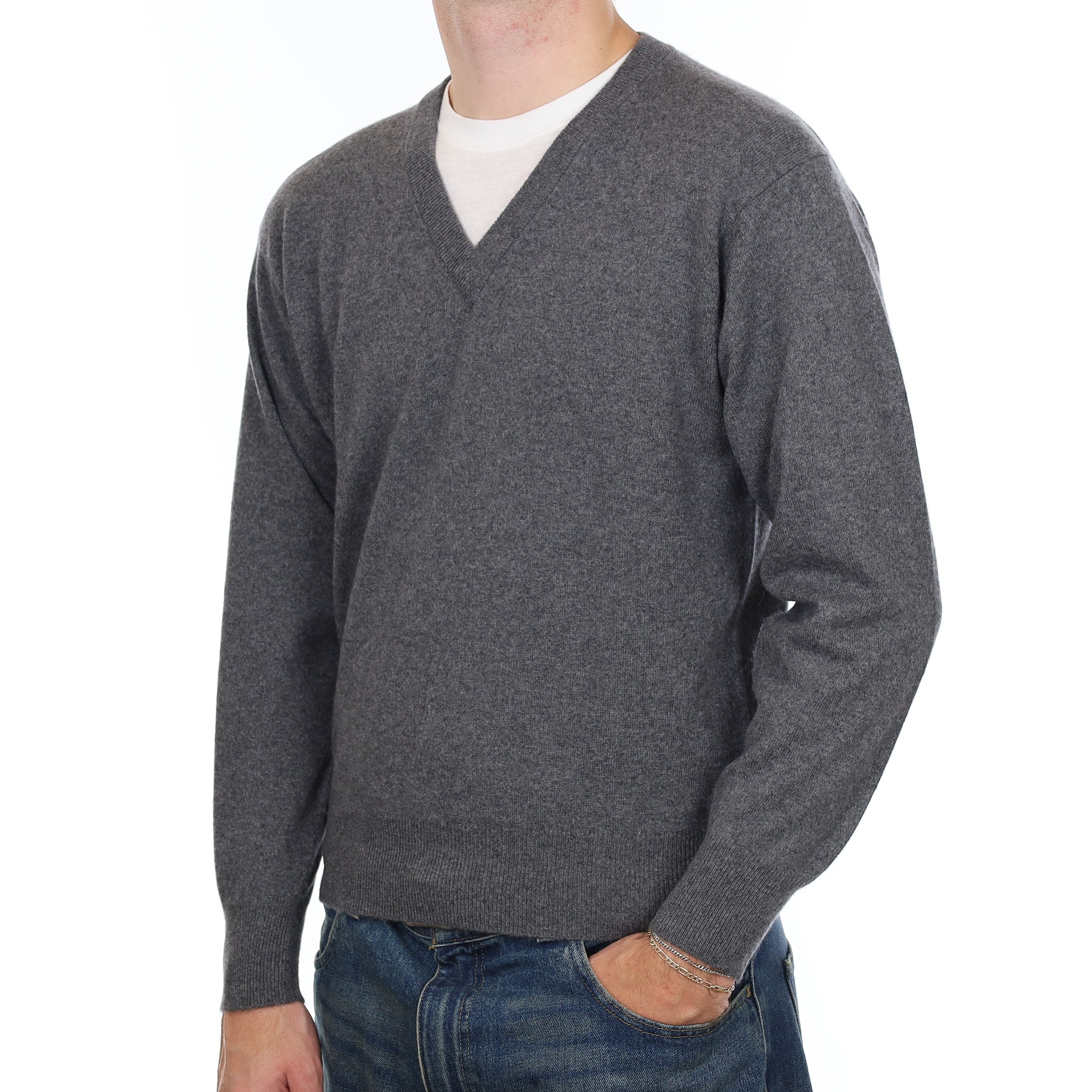Men’s Granite Grey Cashmere V Neck Jumper Medium