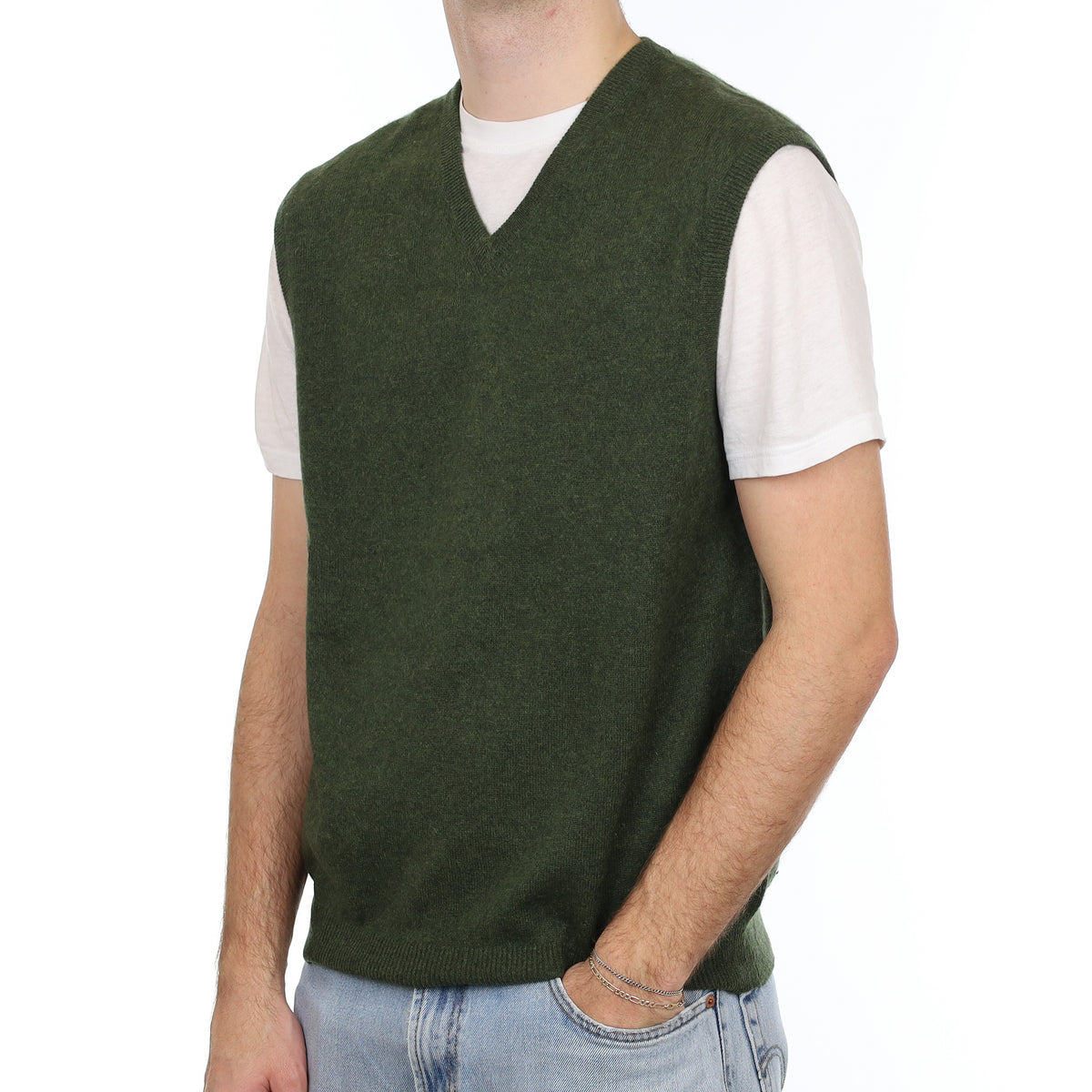 Men's Deep Moss Green Cashmere V Neck Tank Top Large