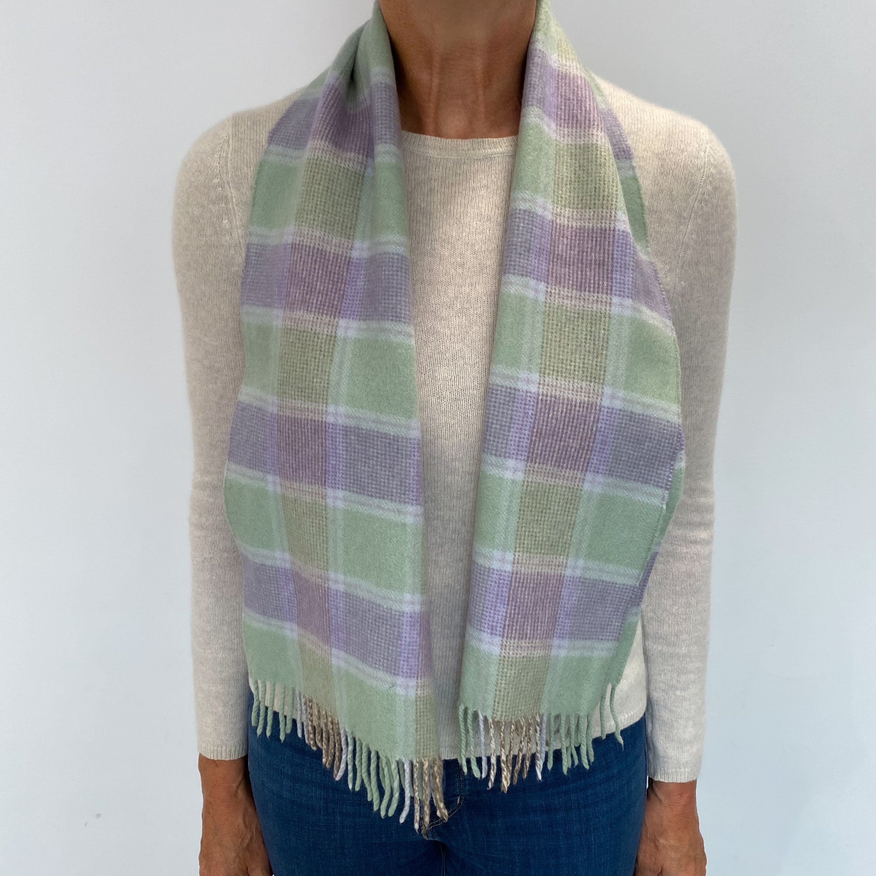 Johnston’s Green and Purple Checked Cashmere Woven Fringed Scarf