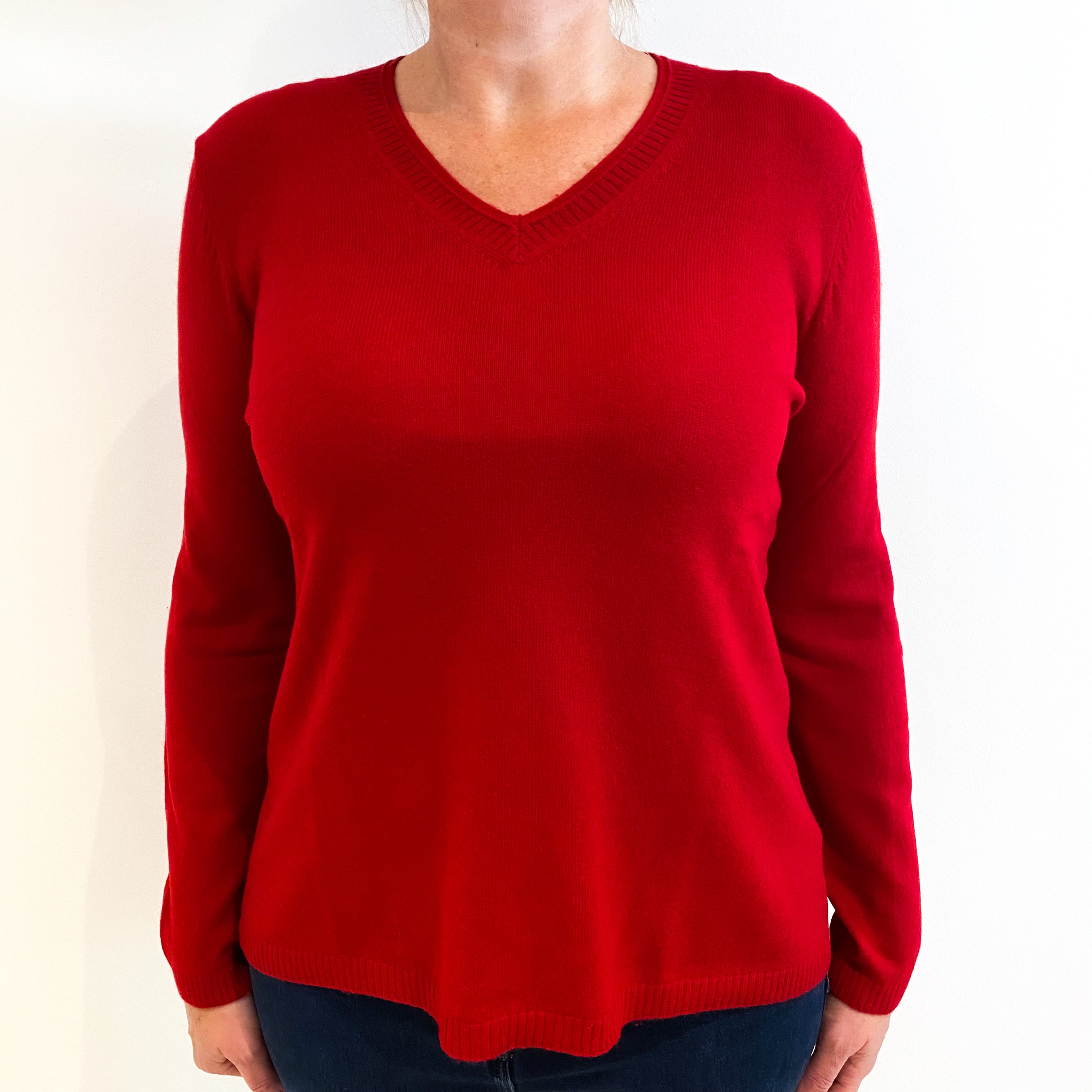 Post Box Red Cashmere V-Neck Jumper Large