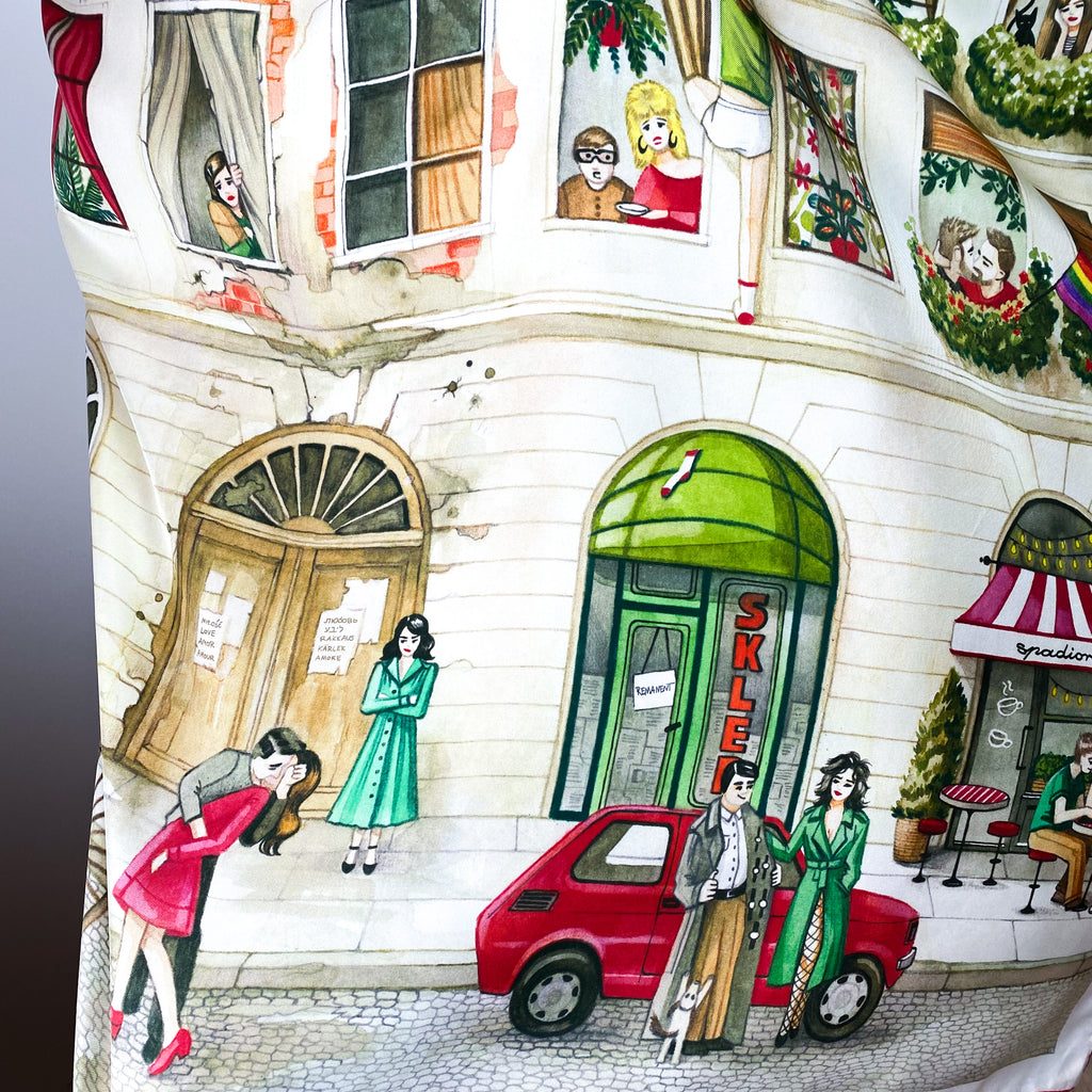 Charming Cafe Scene Silk Scarf