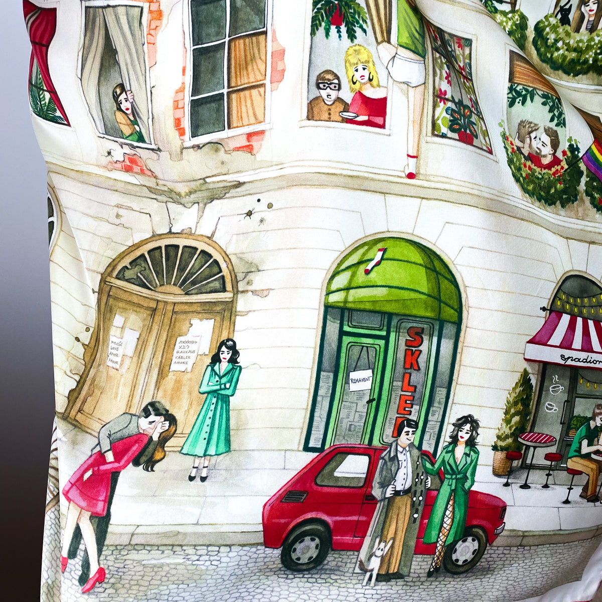 Charming Cafe Scene Silk Scarf