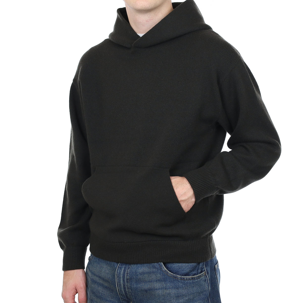 Men’s Brand New Scottish Darkest Khaki Extra Chunky Cashmere Hoodie Jumper with Pocket Medium