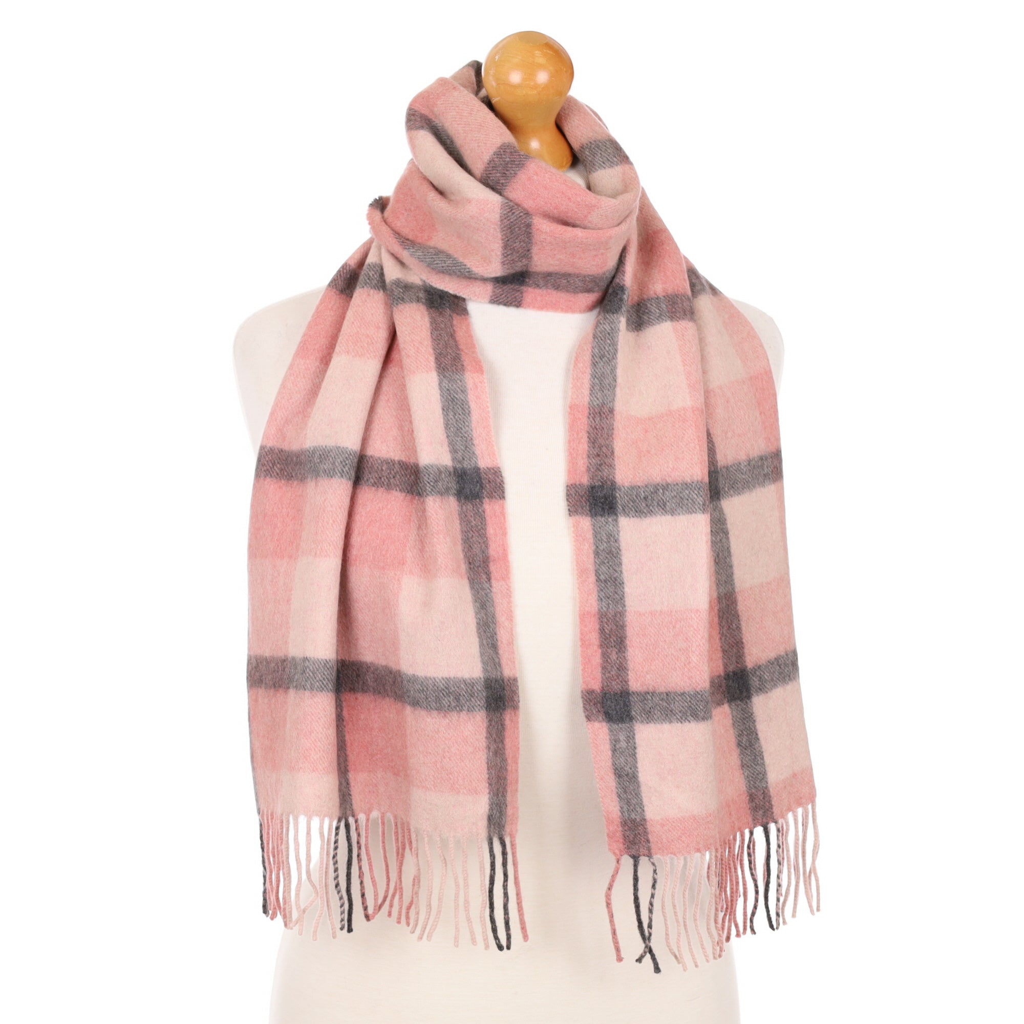 Pink and Grey Checked Cashmere Fringed Woven Scarf