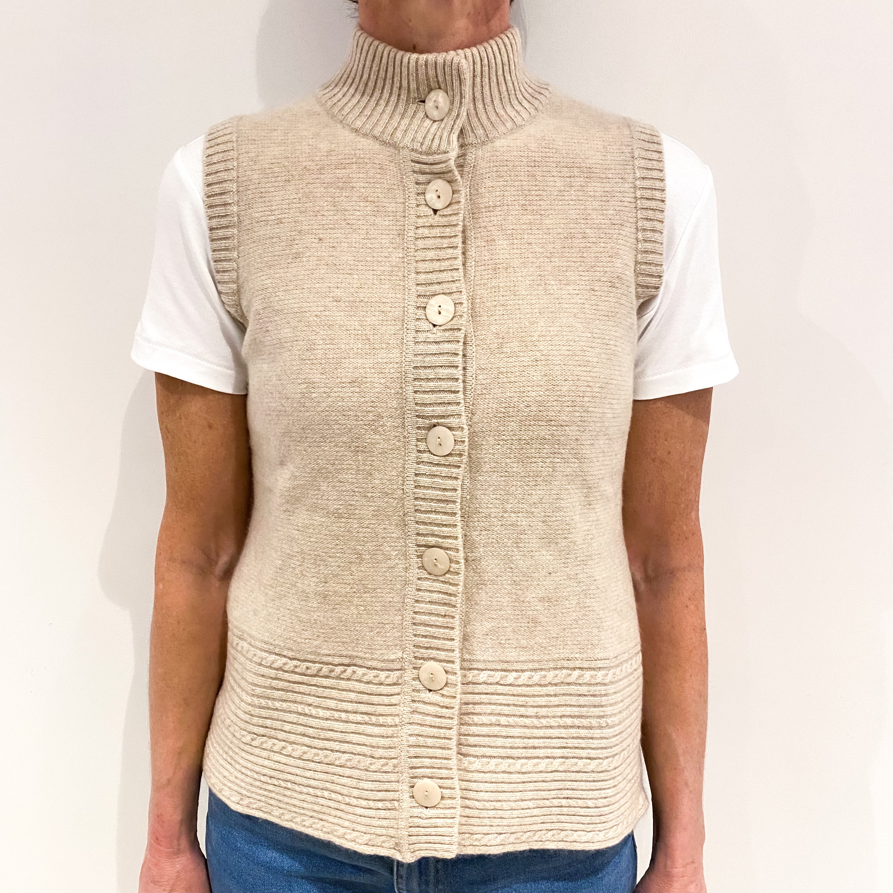 Oatmeal Beige Cashmere Turtle Neck Sleeveless Ribbed Knit Gilet Small