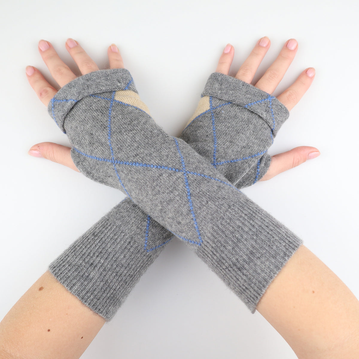 Grey Beige and Blue Diamond Fingerless Gloves