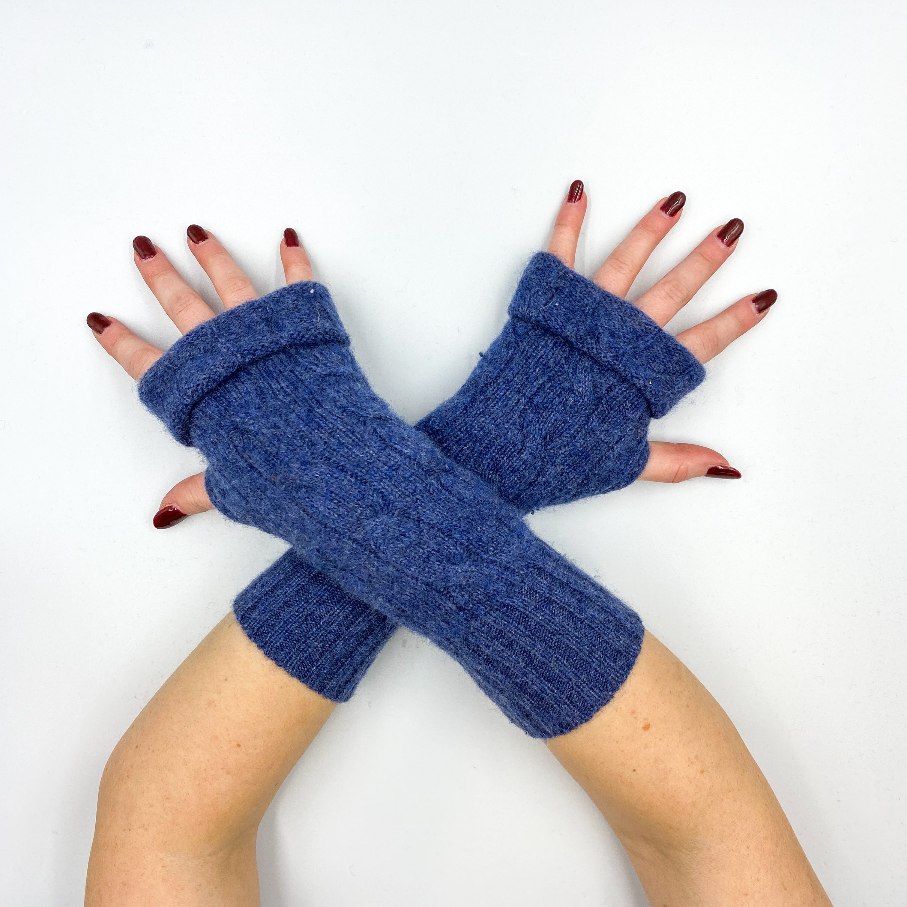 Faded Denim Blue Cable Knit Fingerless Gloves