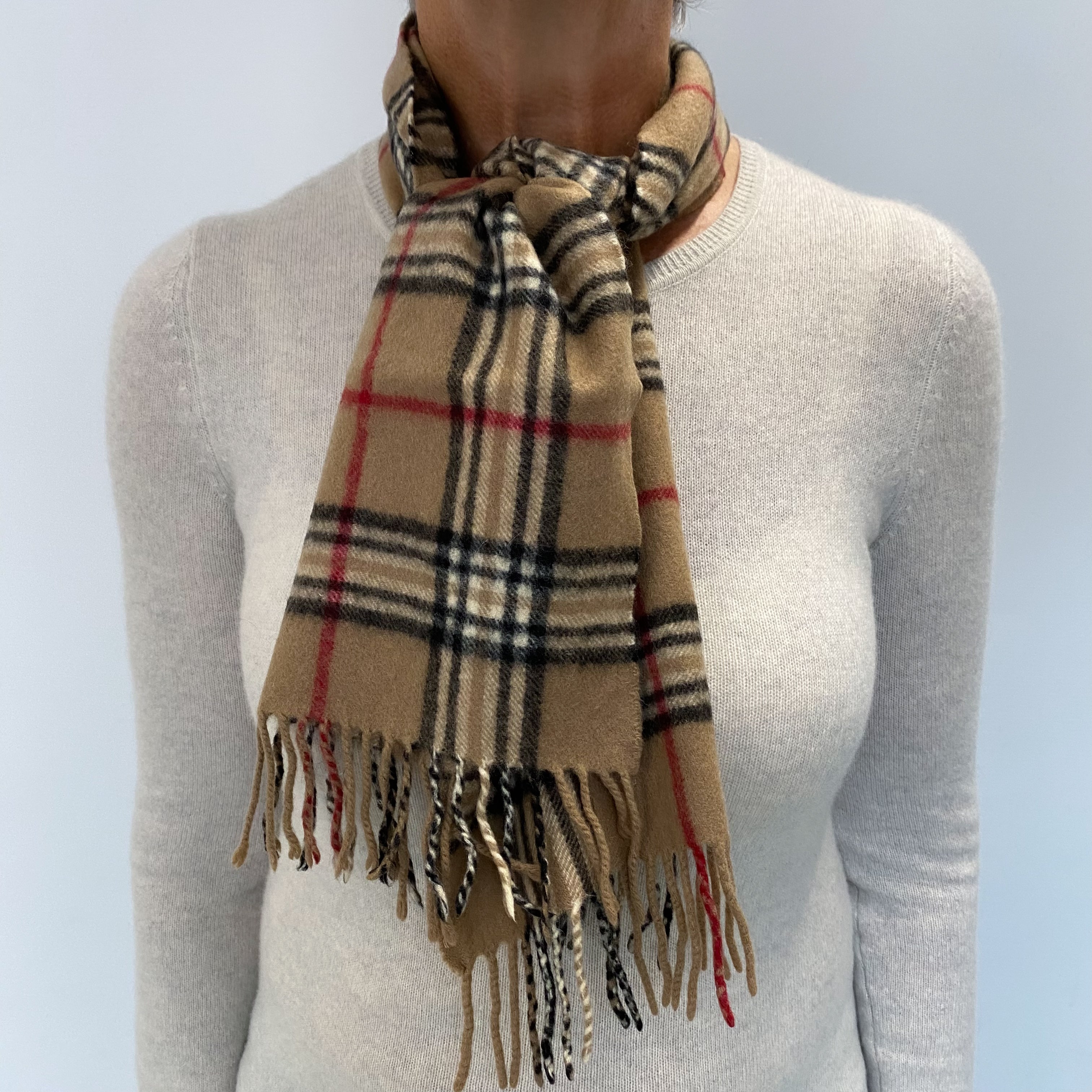 Camel Black and Red Checked Checked Cashmere Woven Fringed Scarf