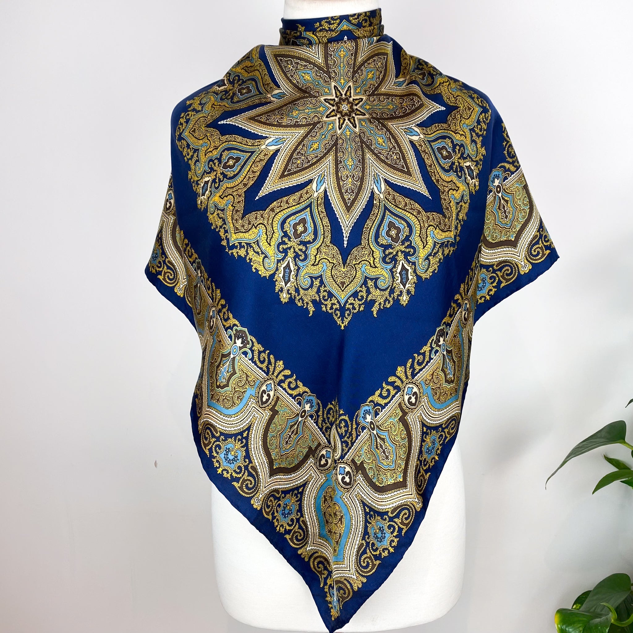1970s Navy Paisley Vintage Silk Scarf