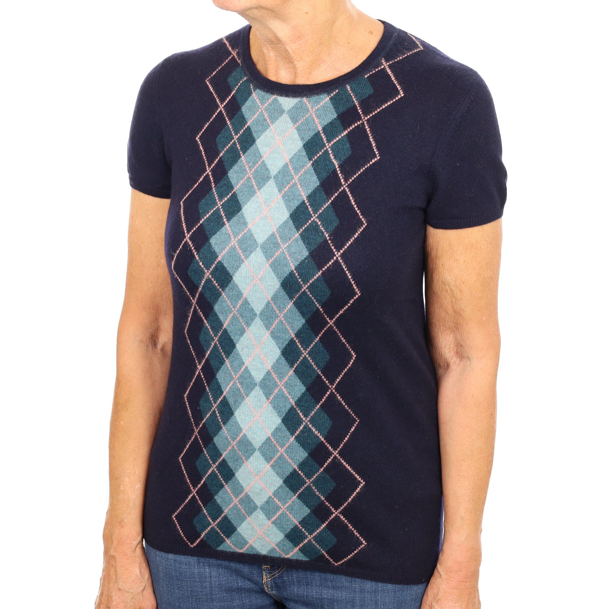 Navy Argyle Cashmere Crew Neck Short Sleeved Jumper Medium