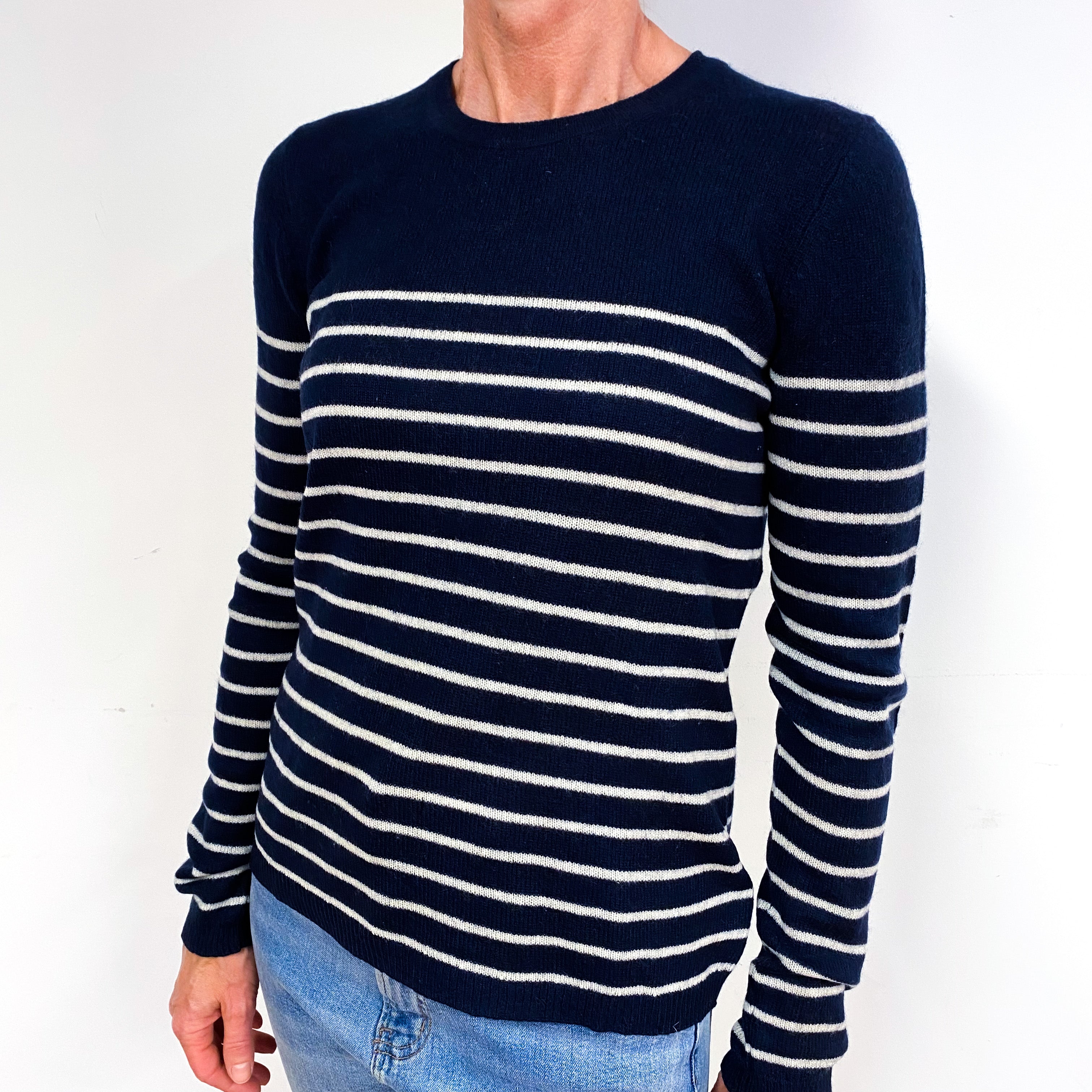 Navy Blue and Cream Striped Cashmere Crew Neck Jumper Medium