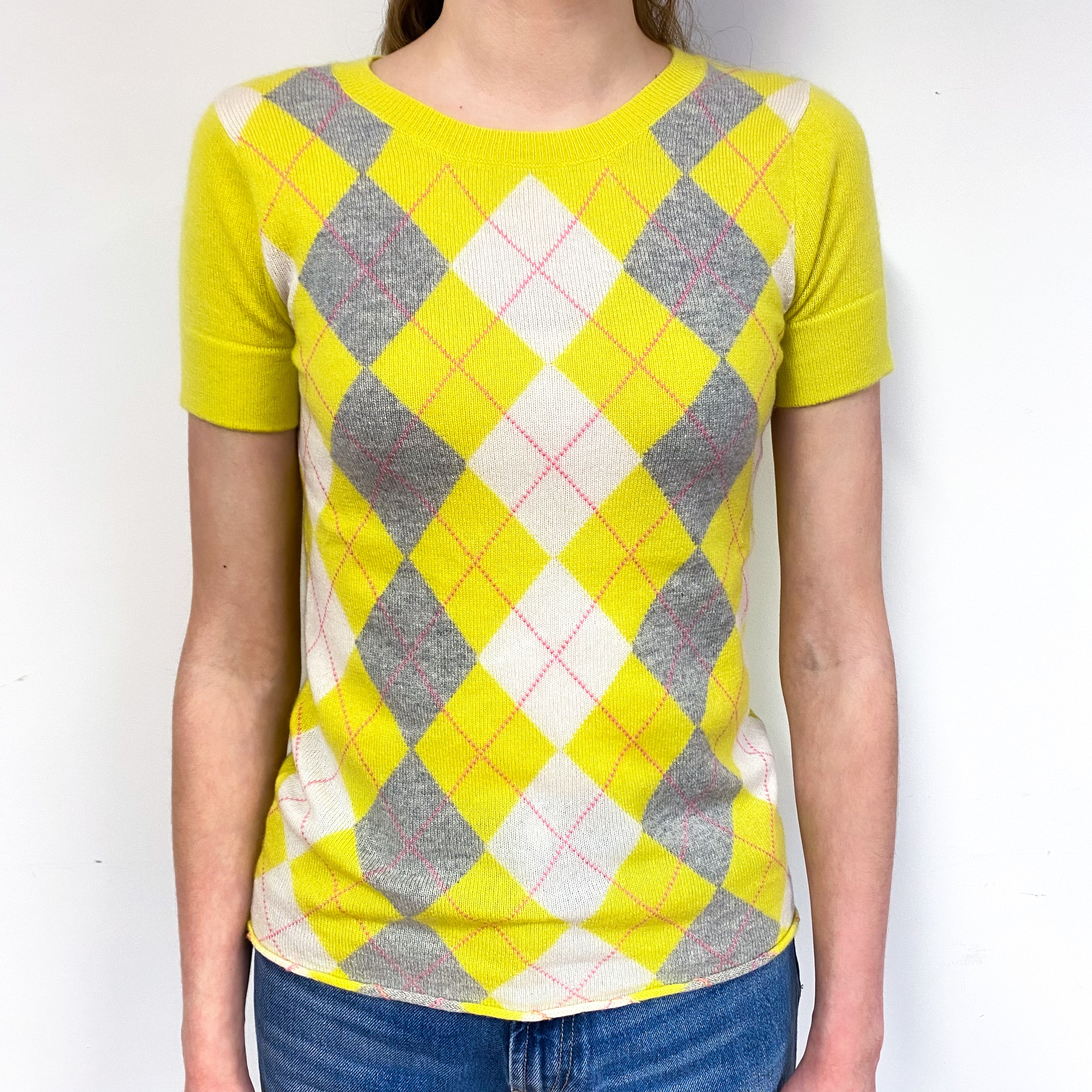 Bright Yellow Argyle Cashmere Short Sleeve Jumper Extra Small