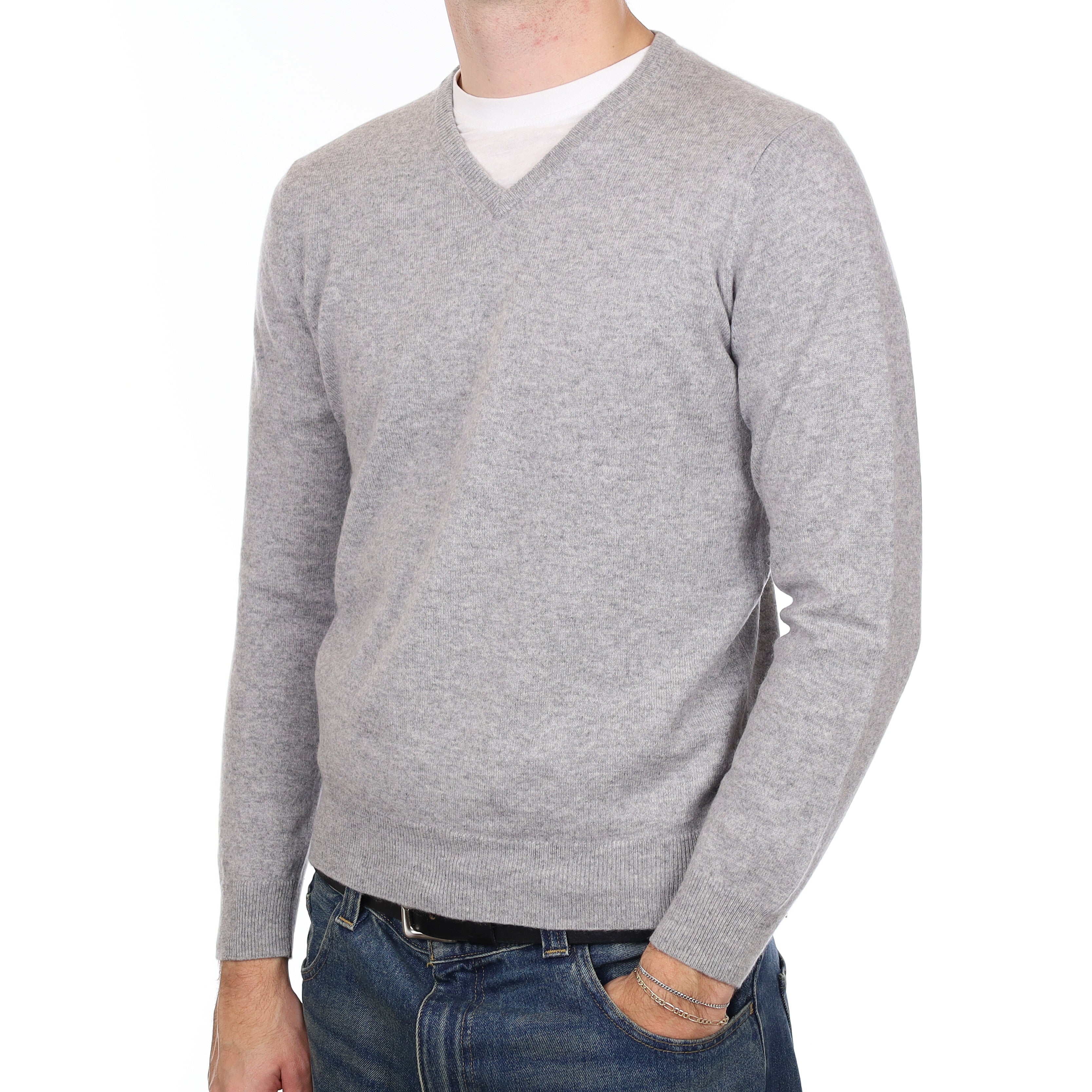 Men’s Smoke Grey Cashmere V Neck Jumper Medium