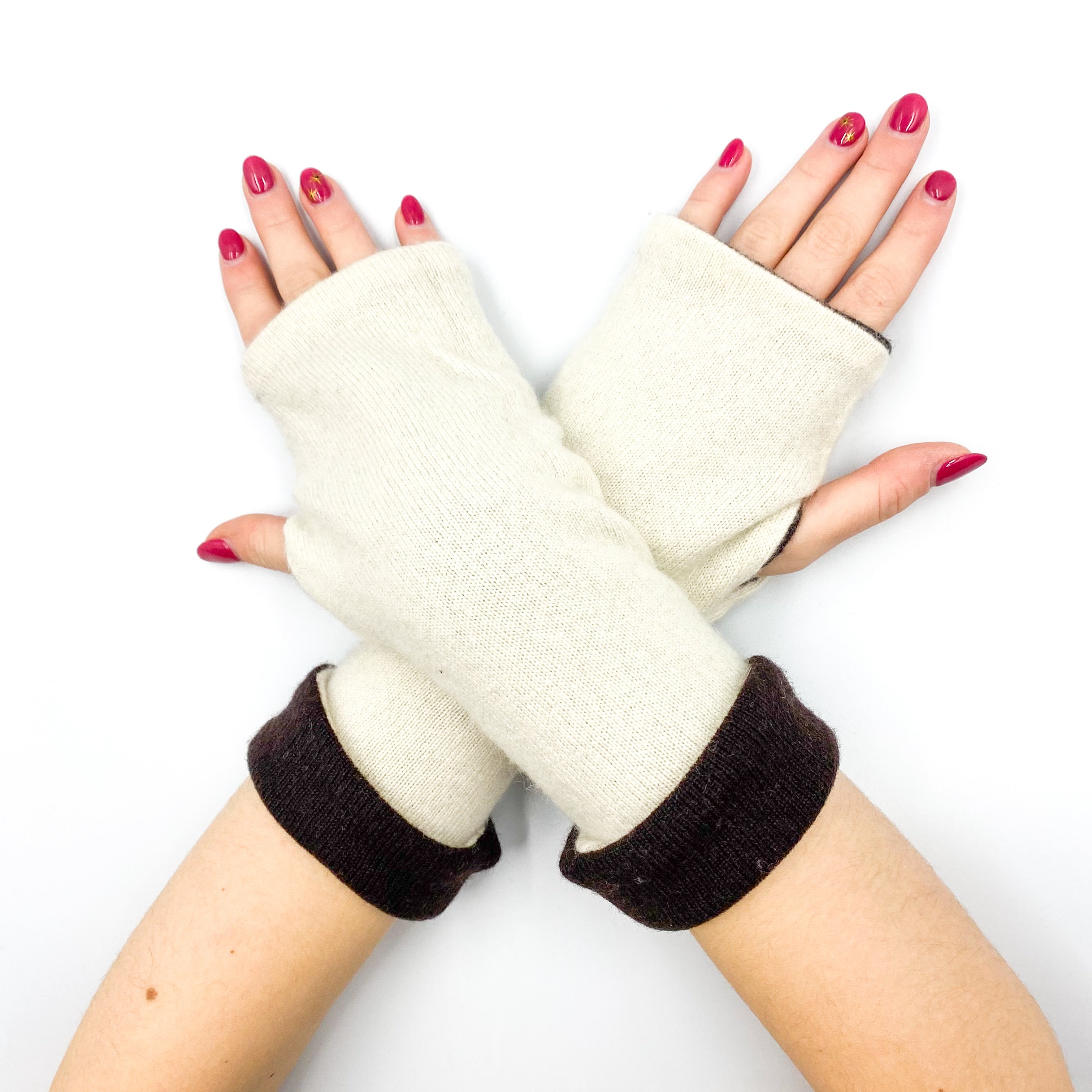 Bitter Chocolate and Cream Luxury Reversible Cashmere Fingerless Gloves