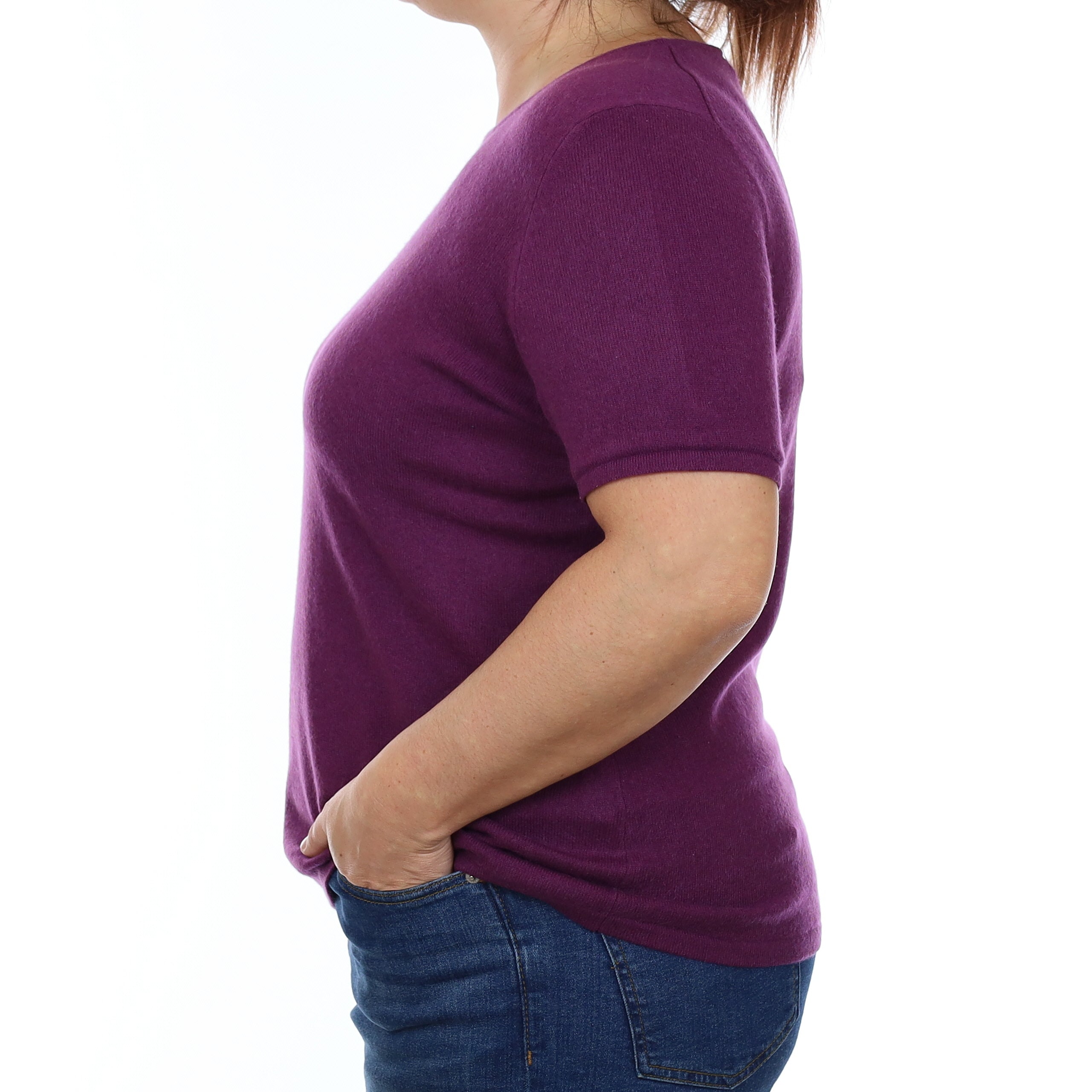 Blackberry Purple Cashmere Short Sleeved Crew Neck Jumper Large