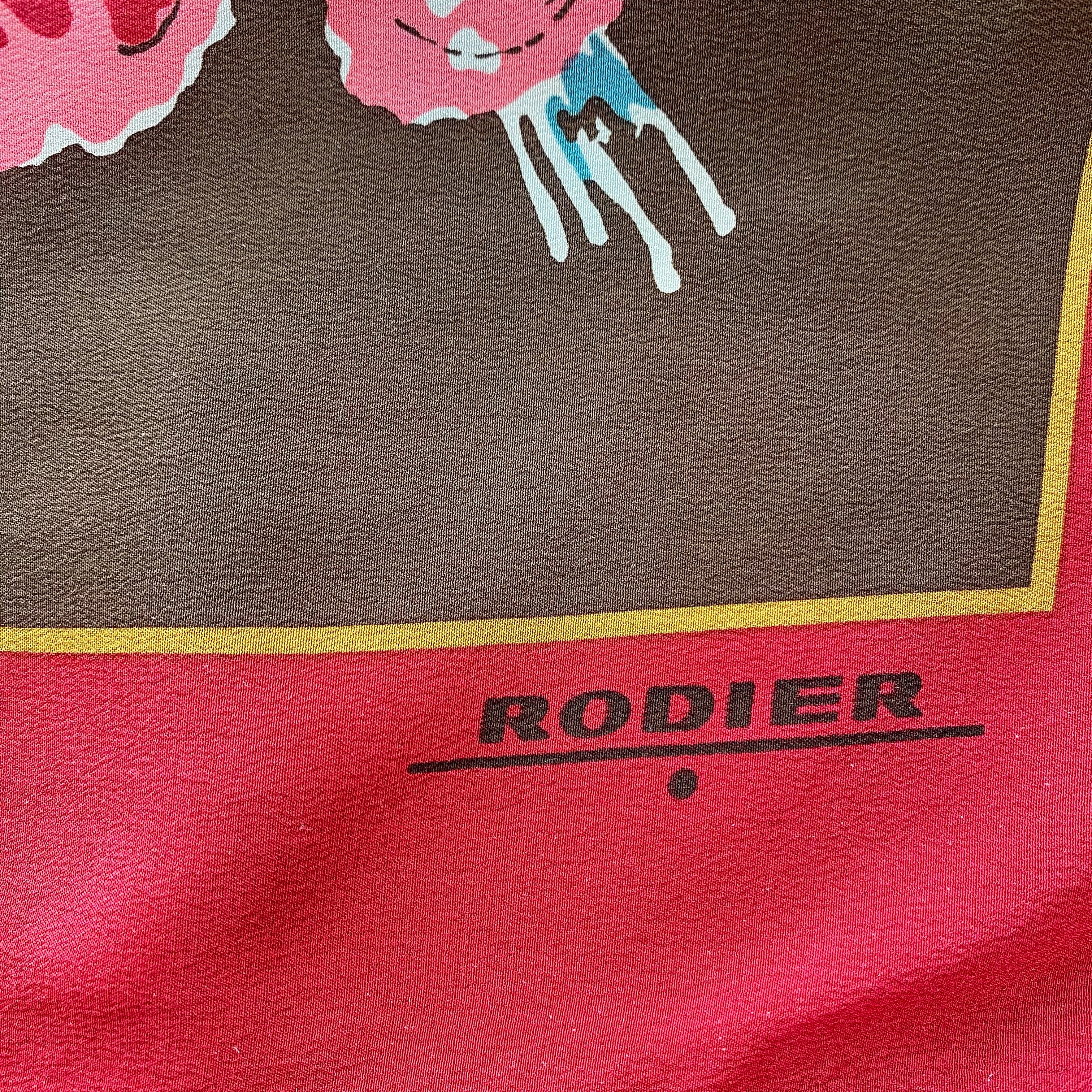 Rodier Floral On Dark Brown Vintage Silk Scarf