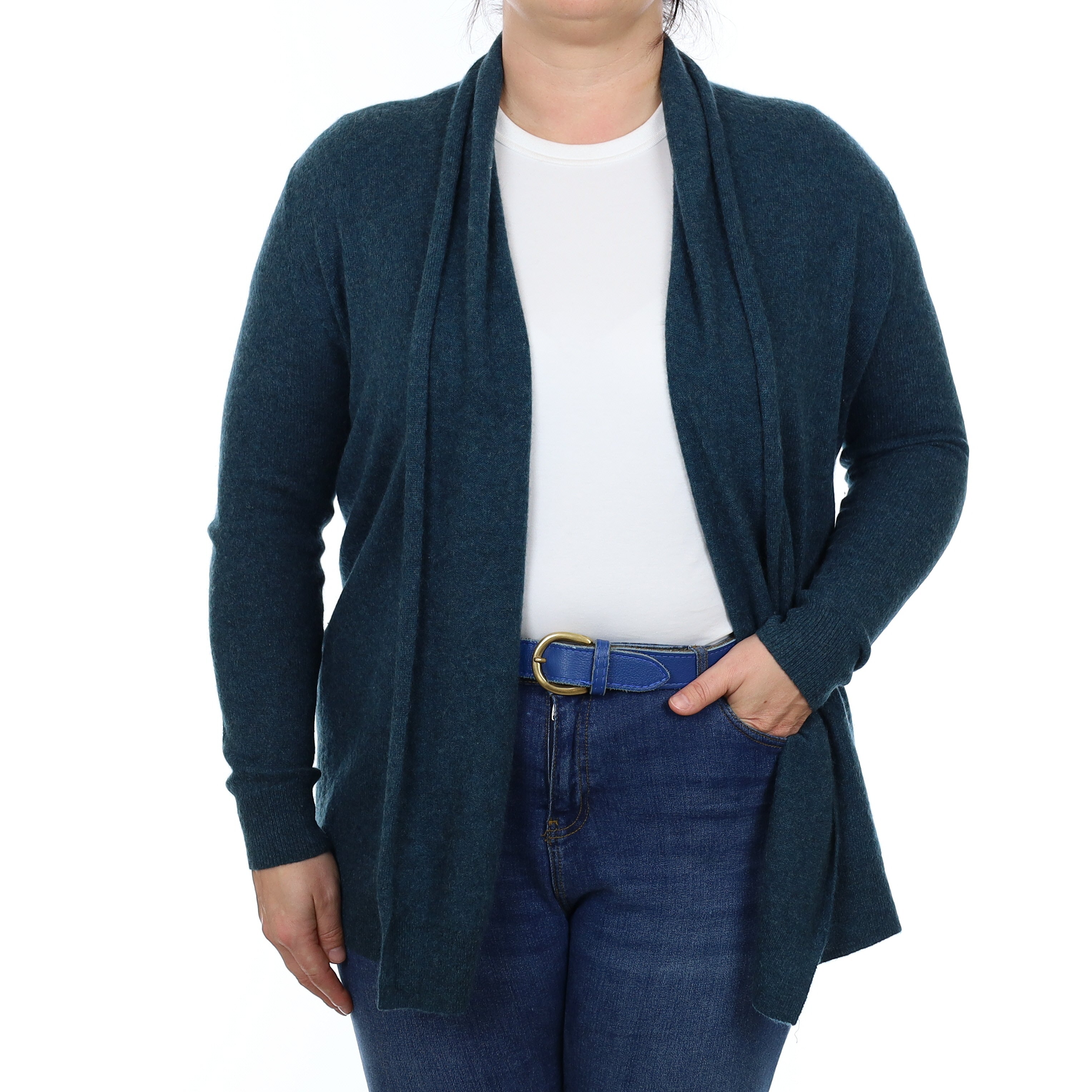 Teal Green Marl Cashmere Edge to Edge Cardigan with Pockets Large