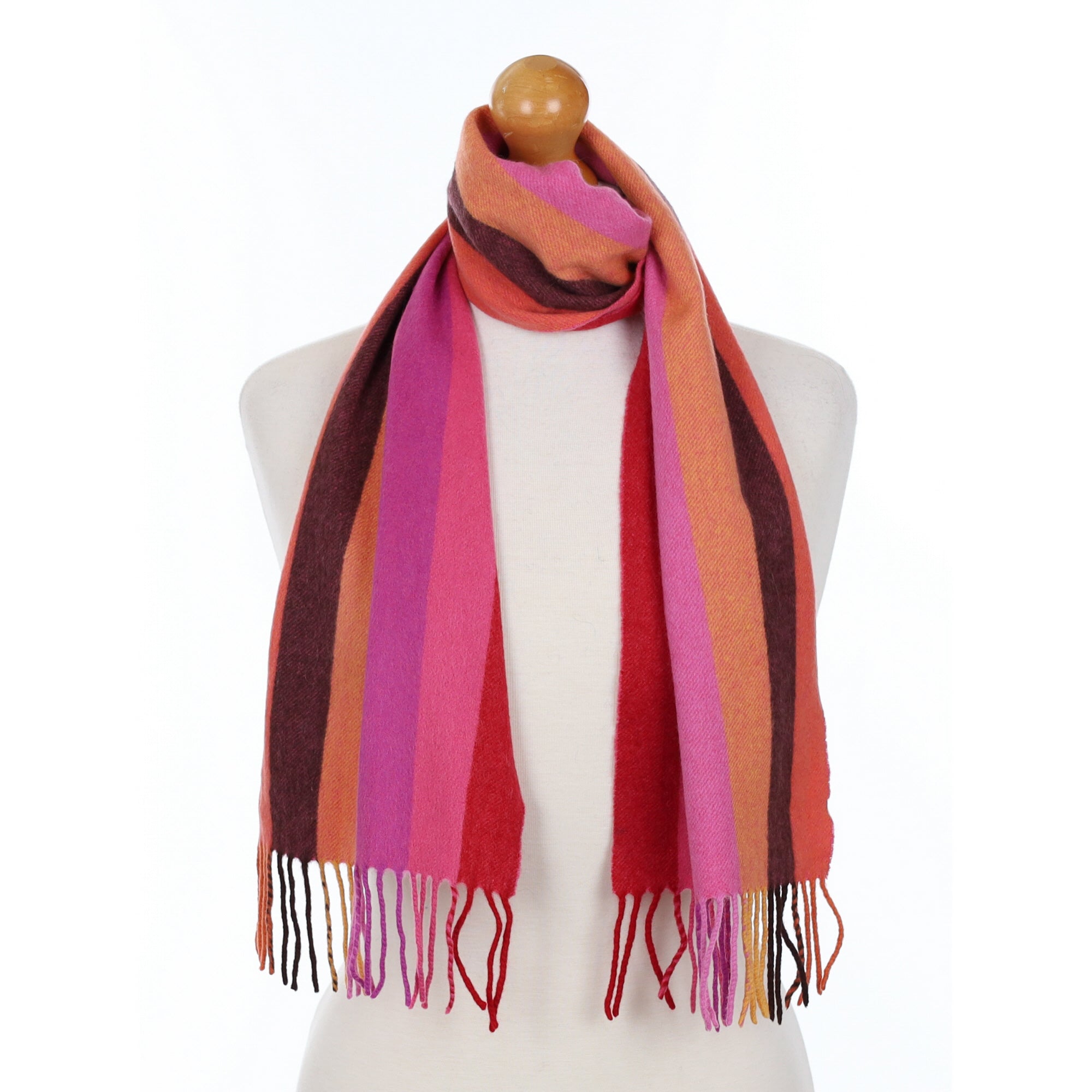 Pink Striped Cashmere Fringed Woven Scarf