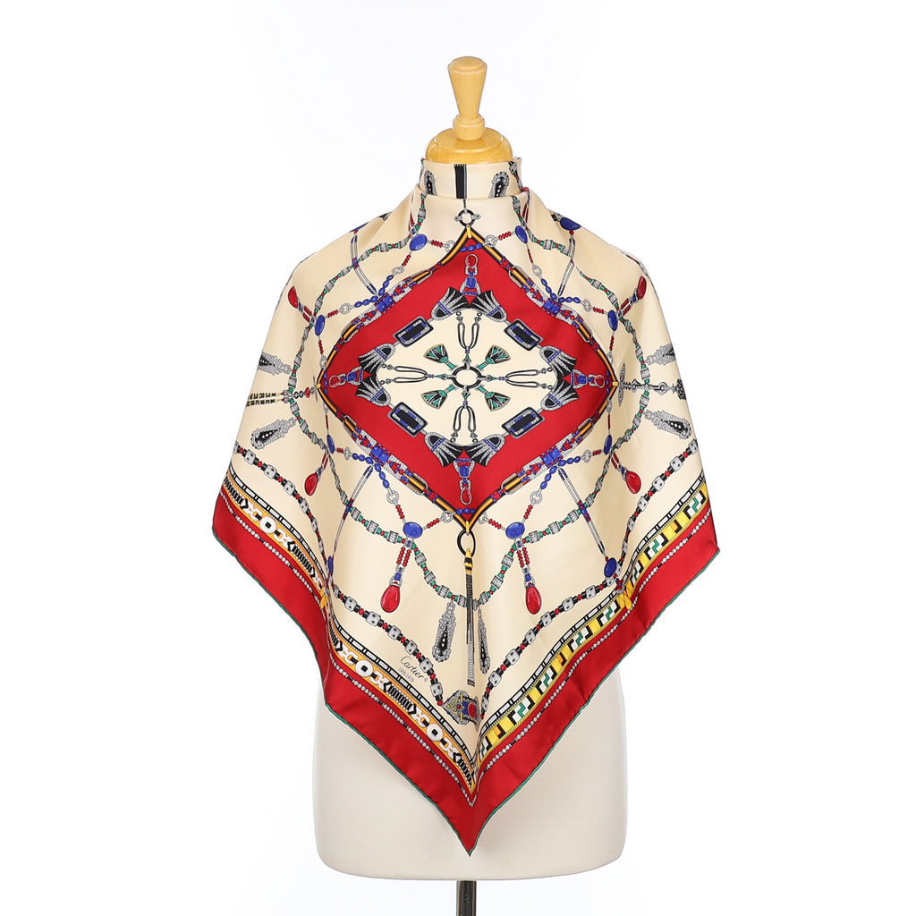 Immaculate Cartier Cream and Red Designer Silk Scarf