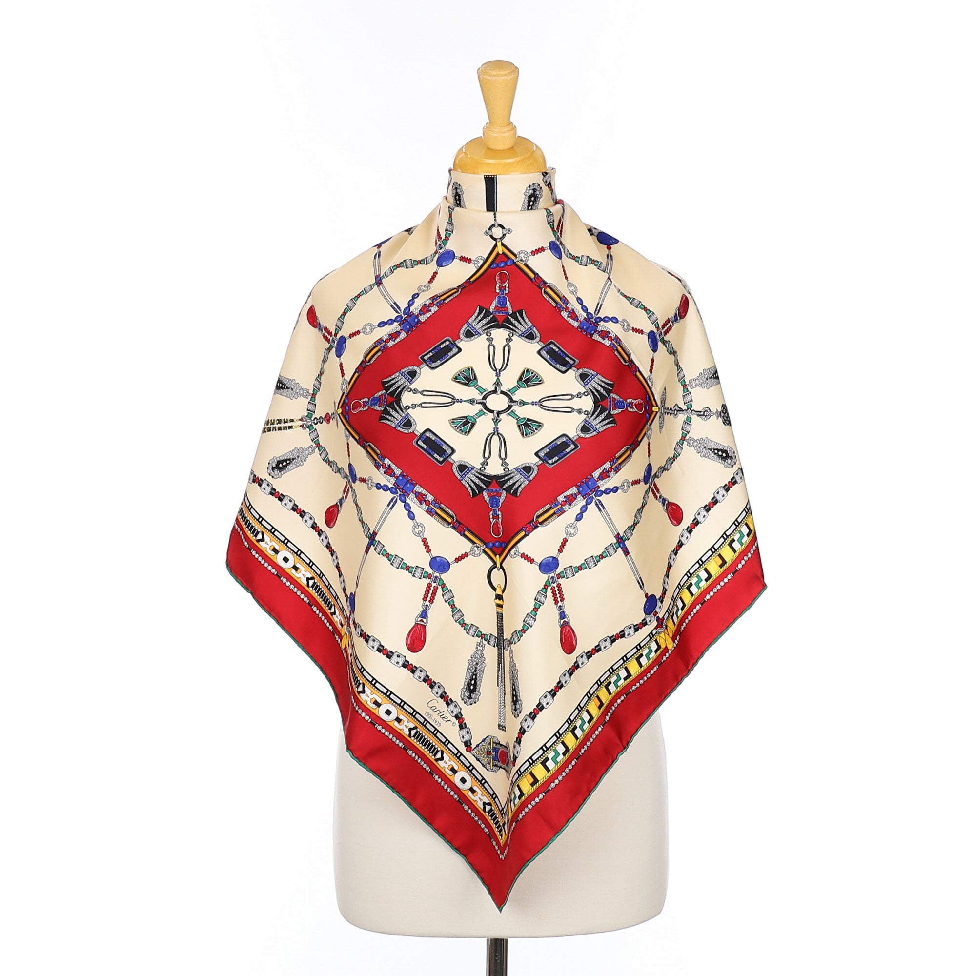 Immaculate Cartier Cream and Red Designer Silk Scarf