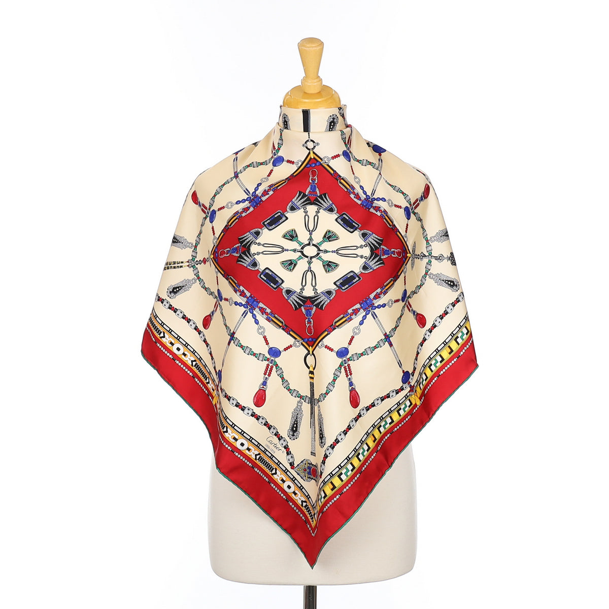 Immaculate Cartier Cream and Red Designer Silk Scarf