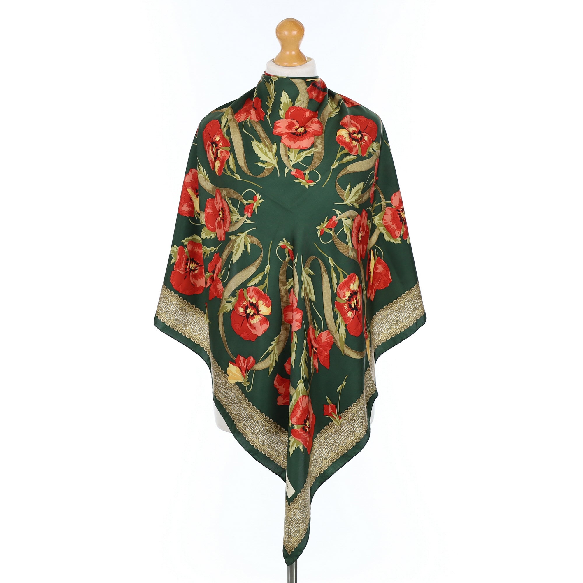 Aquascutum Green Poppy Vintage Silk Scarf