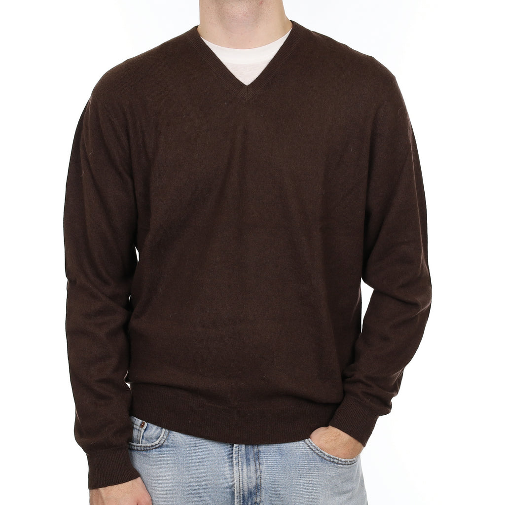 Men's Dark Chocolate Cashmere V Neck Jumper Large
