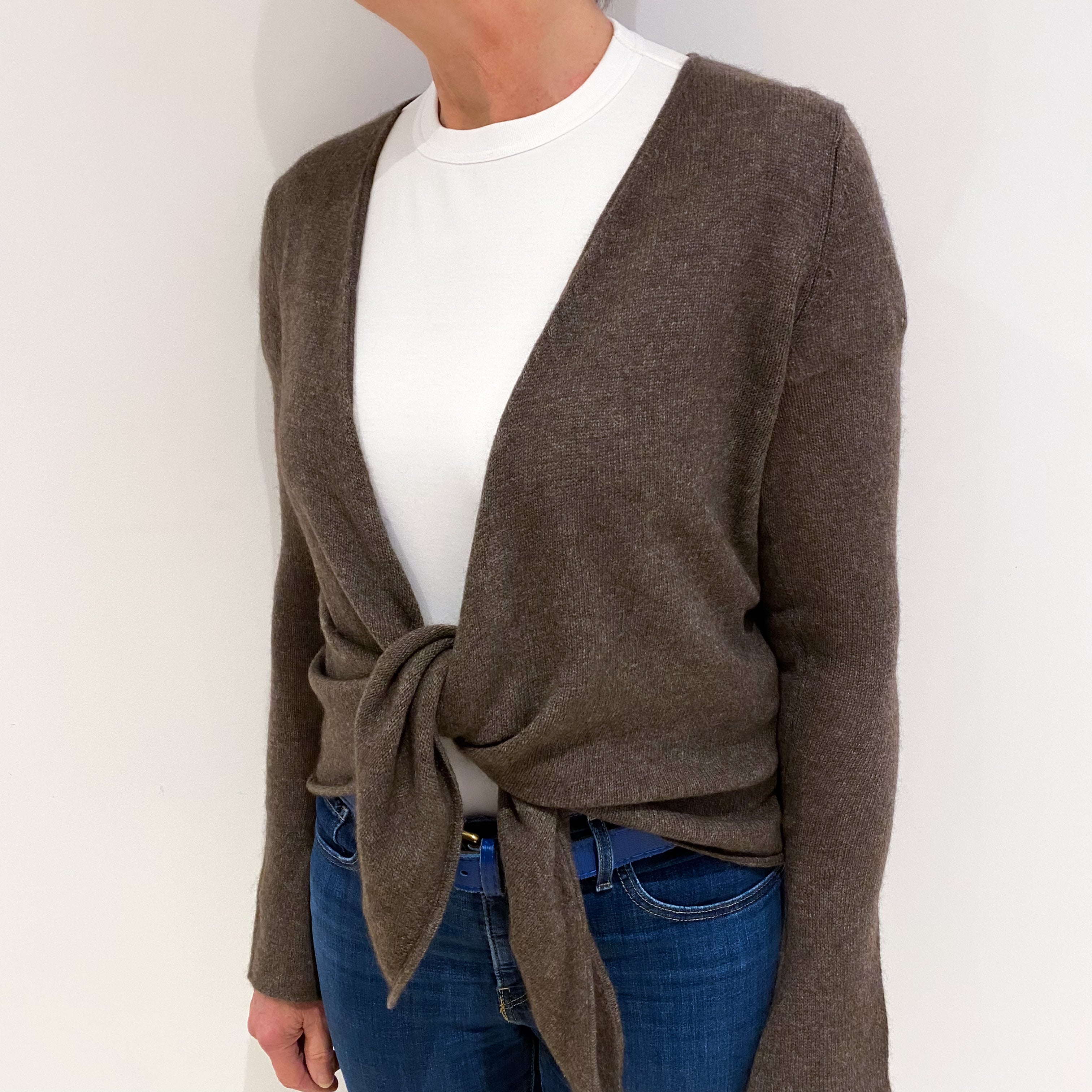 Mole Brown Tie Front Cashmere Cardigan Medium