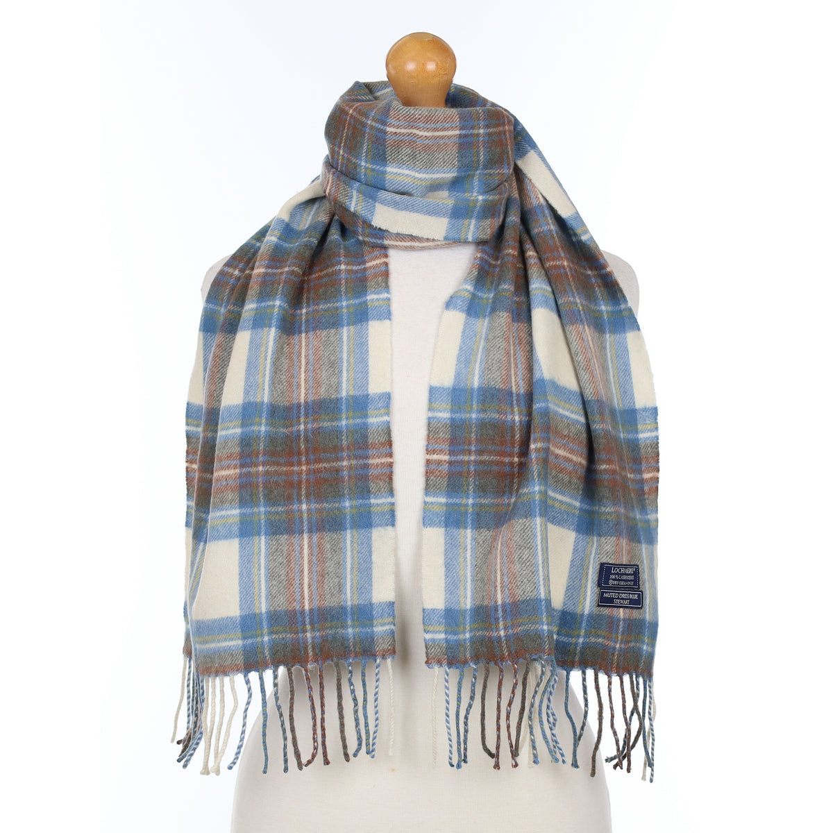 Blue And Cream Checked Cashmere Woven Scarf