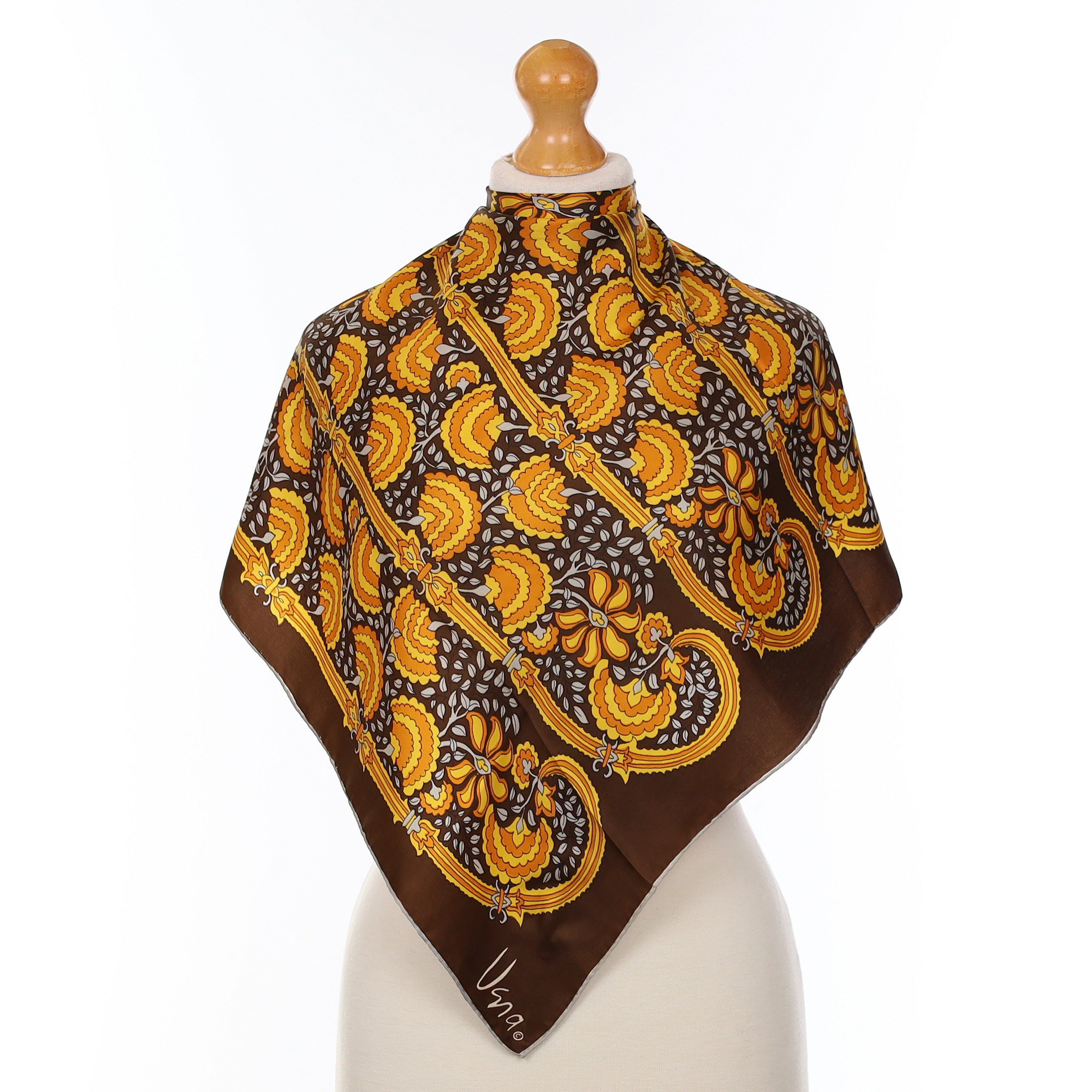 Vera Brown And Gold Floral Silk Scarf