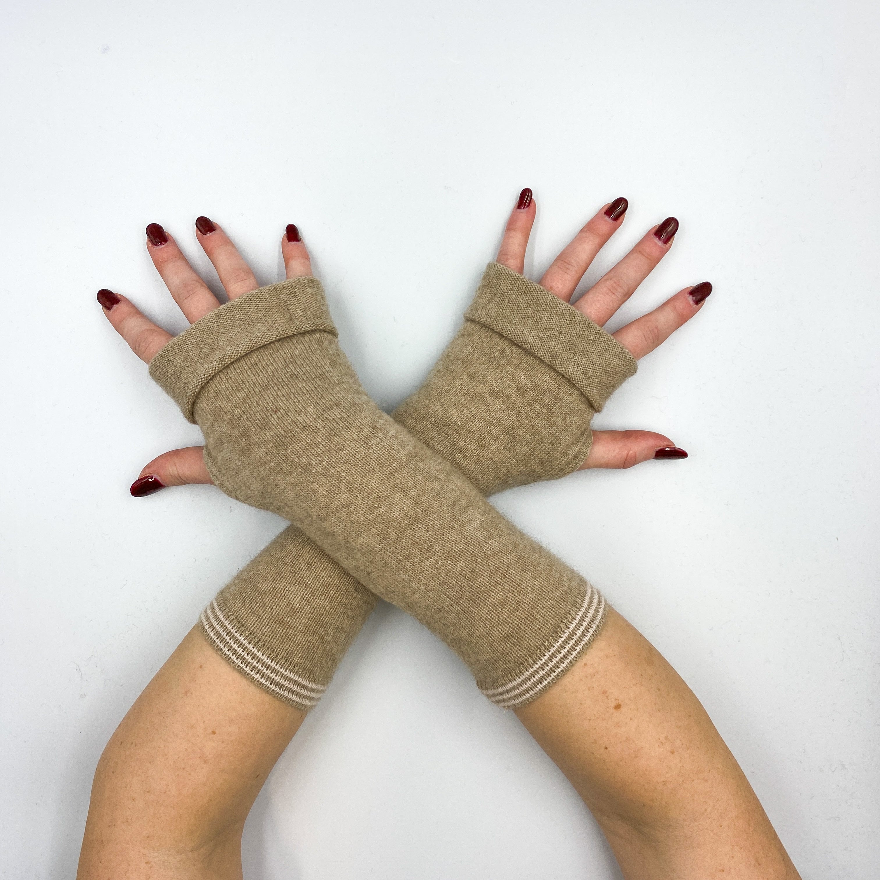 Taupe Brown and Pink Striped Fingerless Gloves