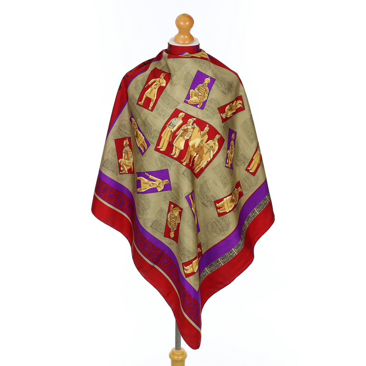Asian Figure Design Red and Purple Silk Scarf
